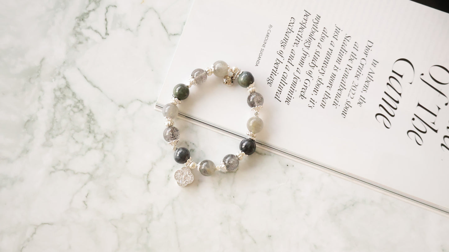 *Backorder* Cordelia Twin - Wuji Jadeite, Labradorite & Black Strawberry Quartz with Sparkly Clover Crystal Bracelet (Elastic)