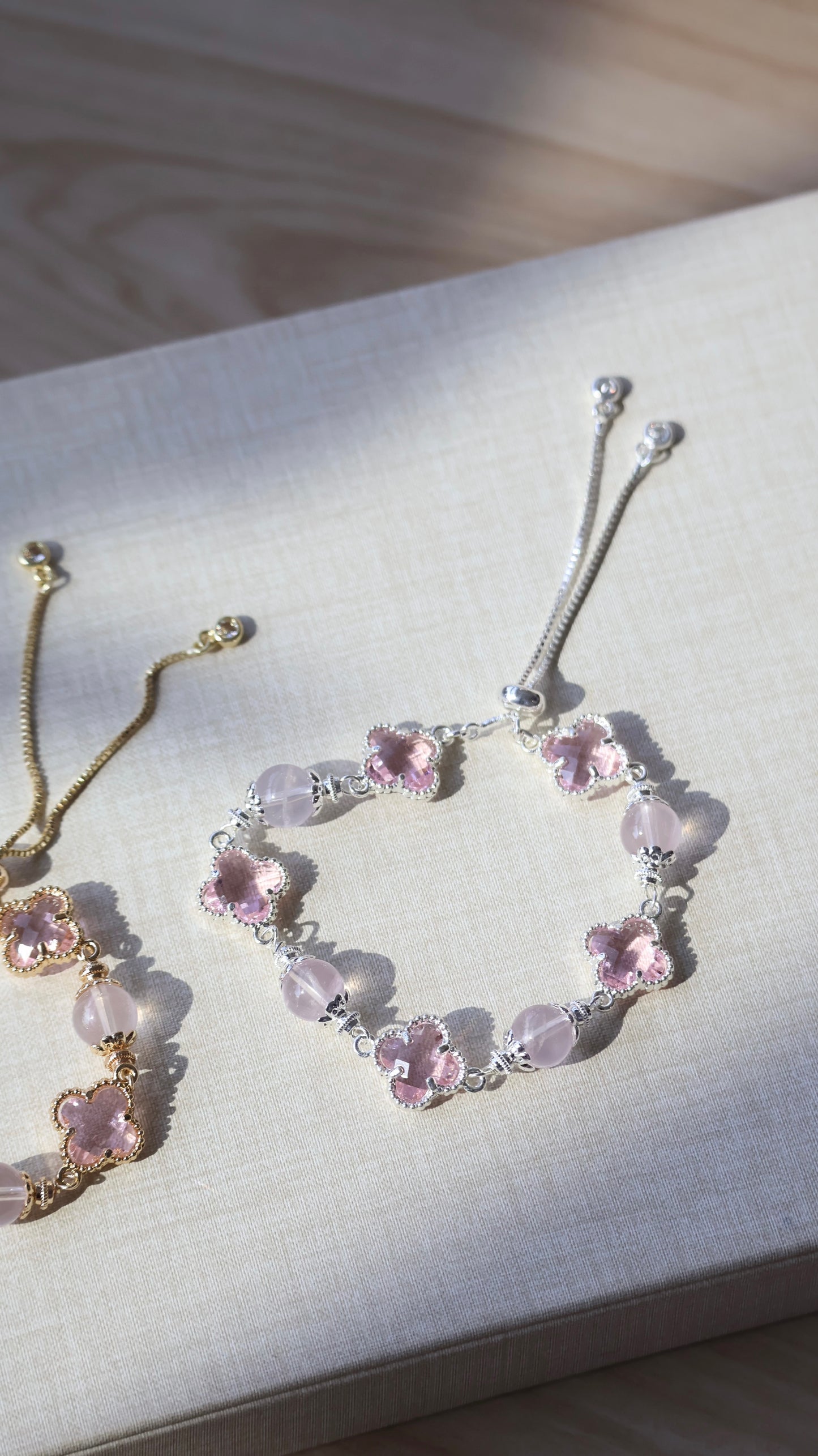 *Backorder* Cloverfull V2 - Rose Quartz/Amethyst/Honey Citrine Crystal Bracelet (Push pull)