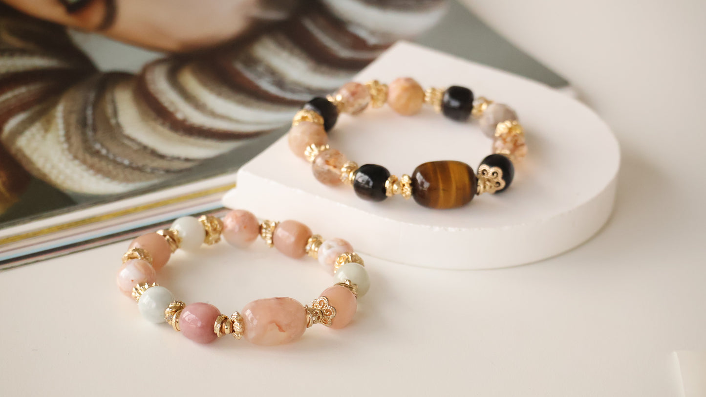 *Instocks* Rich Slushie - Tiger's Eye Barrel Freeform, Drum Silver Sheen Obsidian, Black Gold Super 7 & Faceted Fossilized Coral Jade Crystal Bracelet (Elastic)