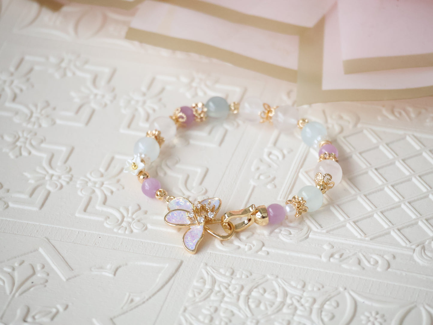 *Instocks* Aquamarine, Kunzite & White Phantom Quartz with Flower Clasp Crystal Bracelet (Elastic)