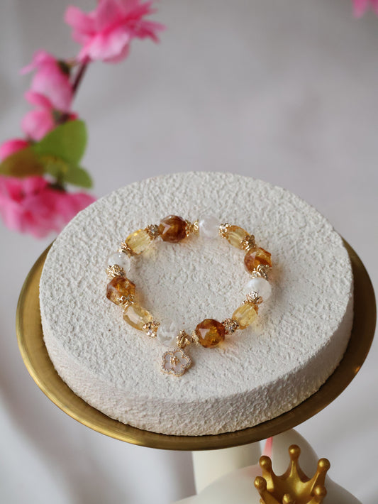 *Instocks* Cheru Customs - Faceted Azeztulite Citrine, Faceted Citrine Freeform & White Phantom Quartz with Flower Charm Crystal Bracelet