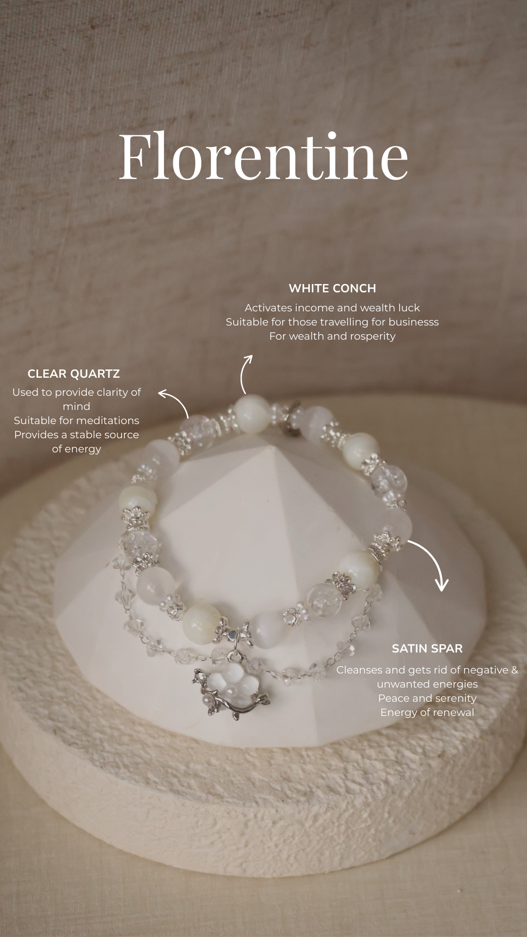 *Backorder* Florentine - Clear Quartz, White Conch & Satin Spar with Danglys and Flower Crystal Bracelet (Elastic)