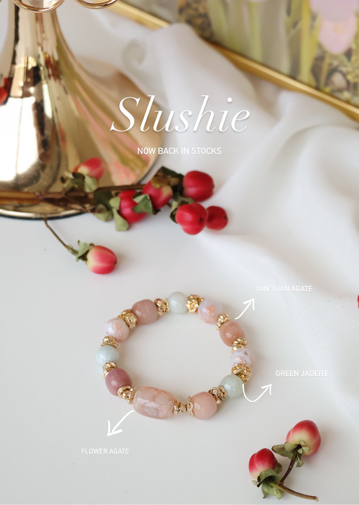 *Instocks* Slushie - Flower Agate Barrel Freeform, Light Green Jadeite, Flower Agate & Drum Pastel Yan Yuan Agate Crystal Bracelet (Elastic)