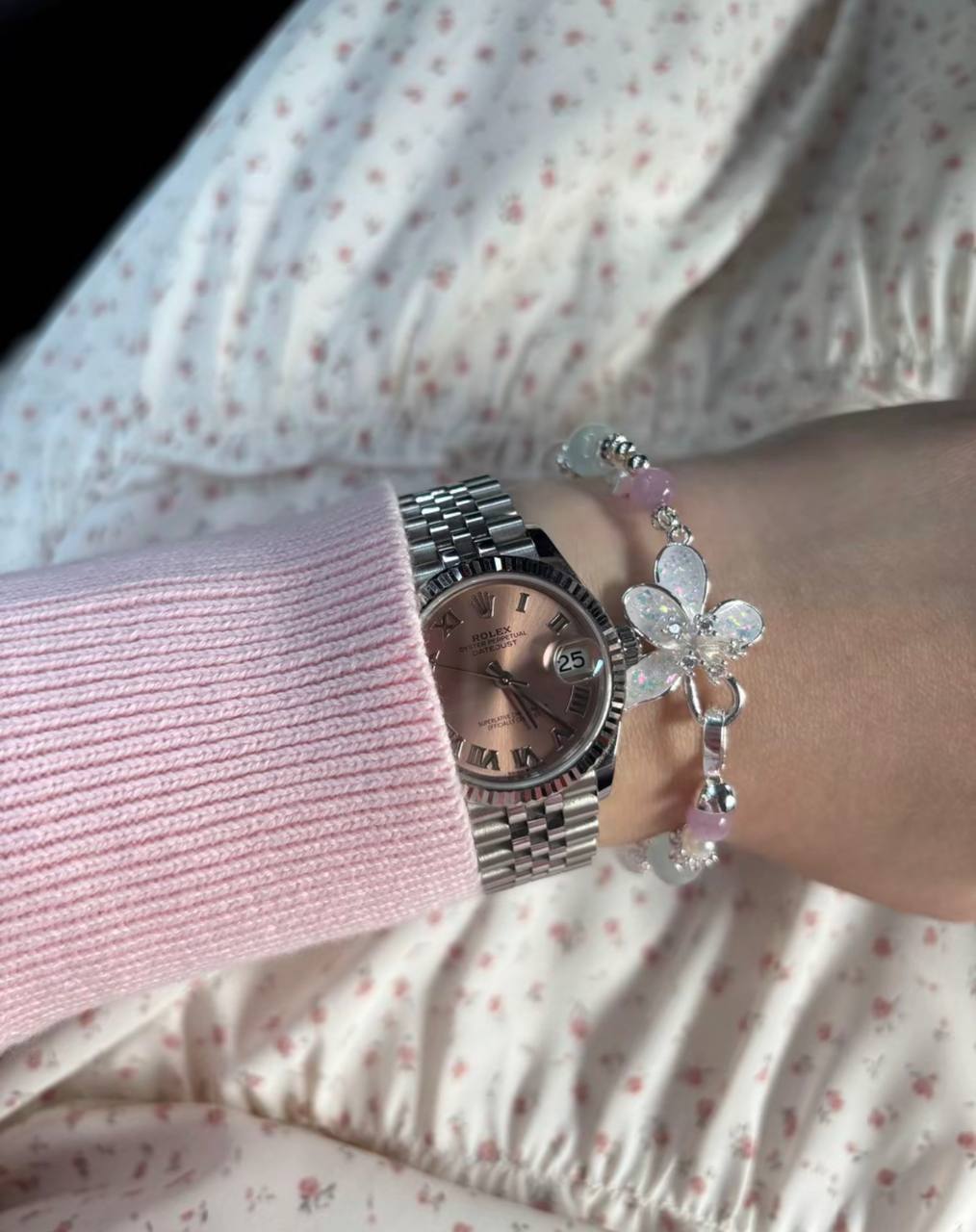 *Instocks* Aquamarine, Kunzite & White Phantom Quartz with Flower Clasp Crystal Bracelet (Elastic)