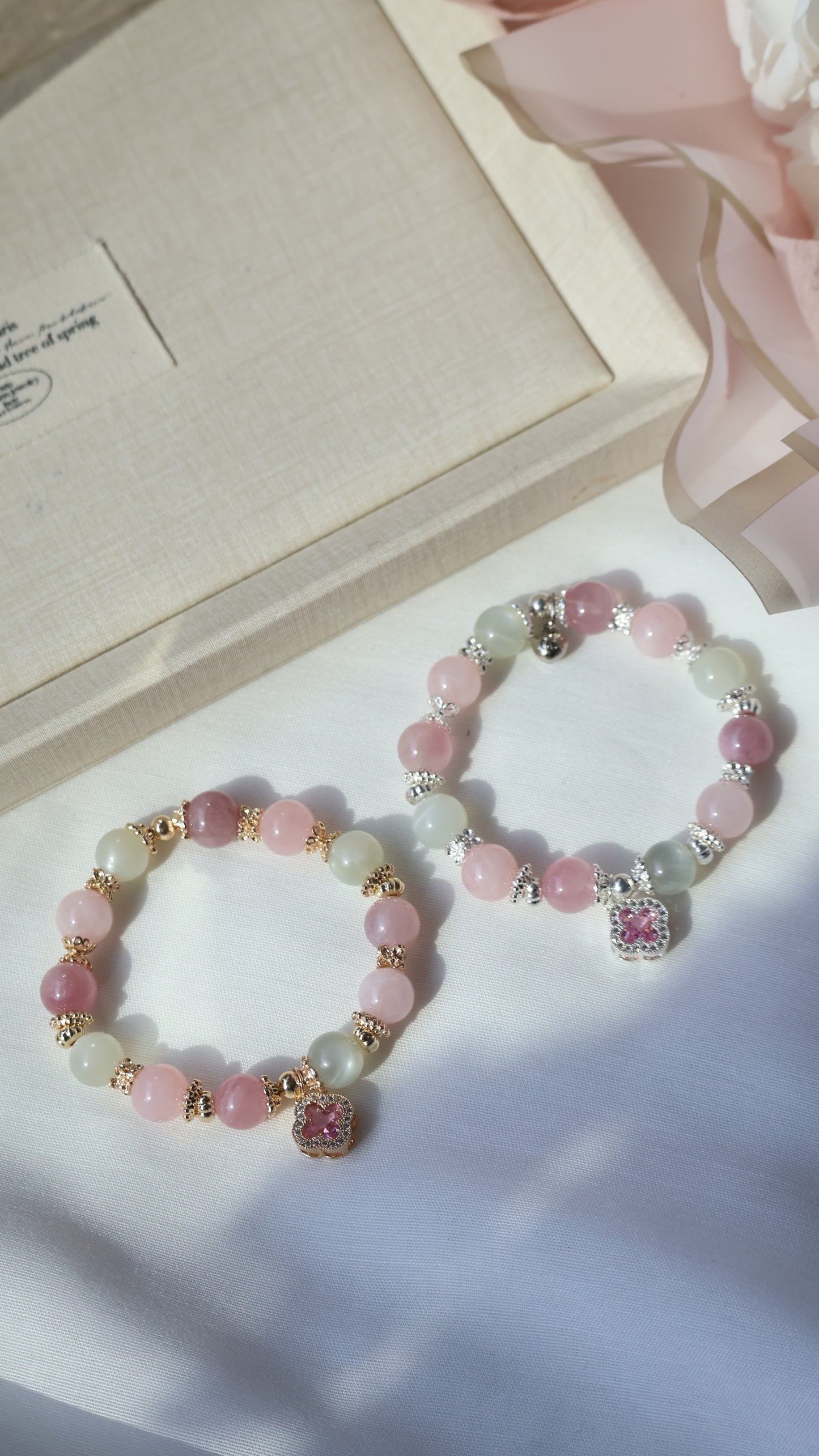 *Backorder* Cordelia Twin - Lavender Rose Quartz, Rose Quartz & White Flash Moonstone with Sparkly Pink Clover Crystal Bracelet (Elastic)