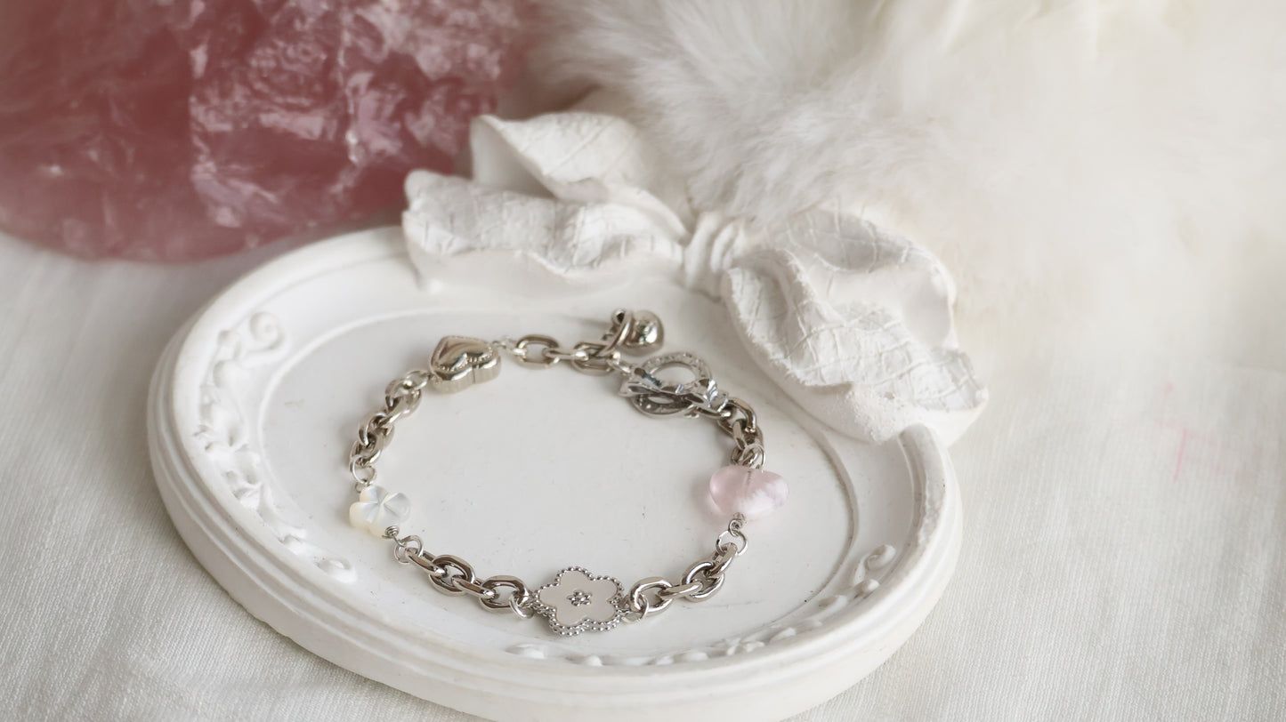 *Backorder* Celine - Chain with Snow Garden Rose Quartz Heart, MOP Clover & Flower Crystal Bracelet (OT Clasp) 2.0