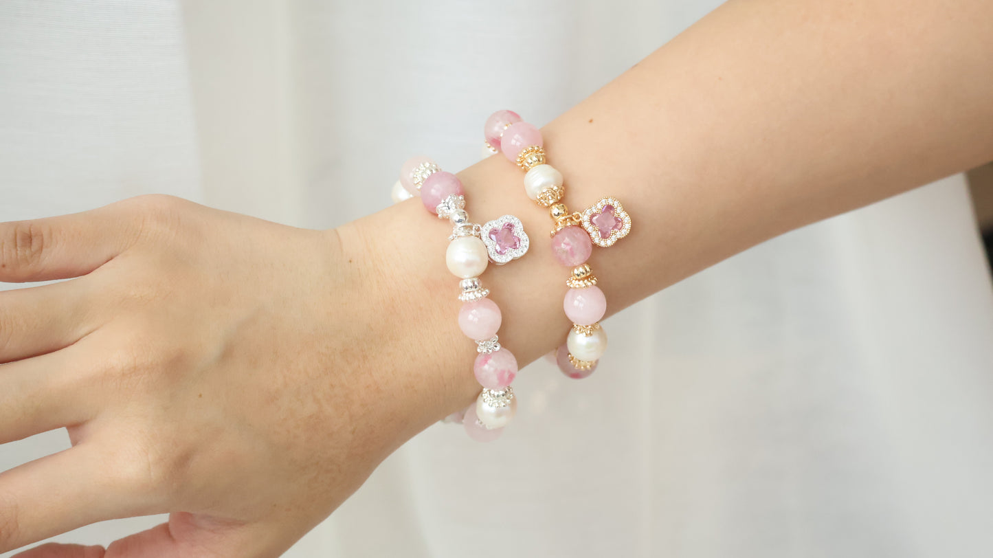 *Backorder* Cordelia Twin - Sakura Rhodonite, Rose Quartz & Freshwater Pearl with Sparkly Pink Clover Crystal Bracelet (Elastic)