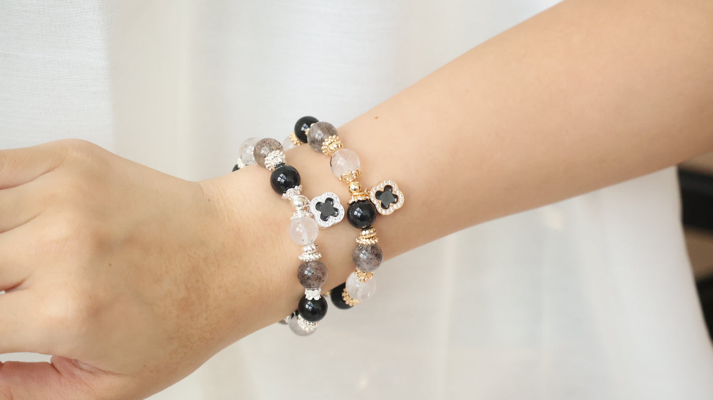 *Backorder* Cordelia Twin - Black Strawberry Quartz, Black Tourmaline & Herkimer Diamond with Sparkly Black Clover Crystal Bracelet (Elastic)