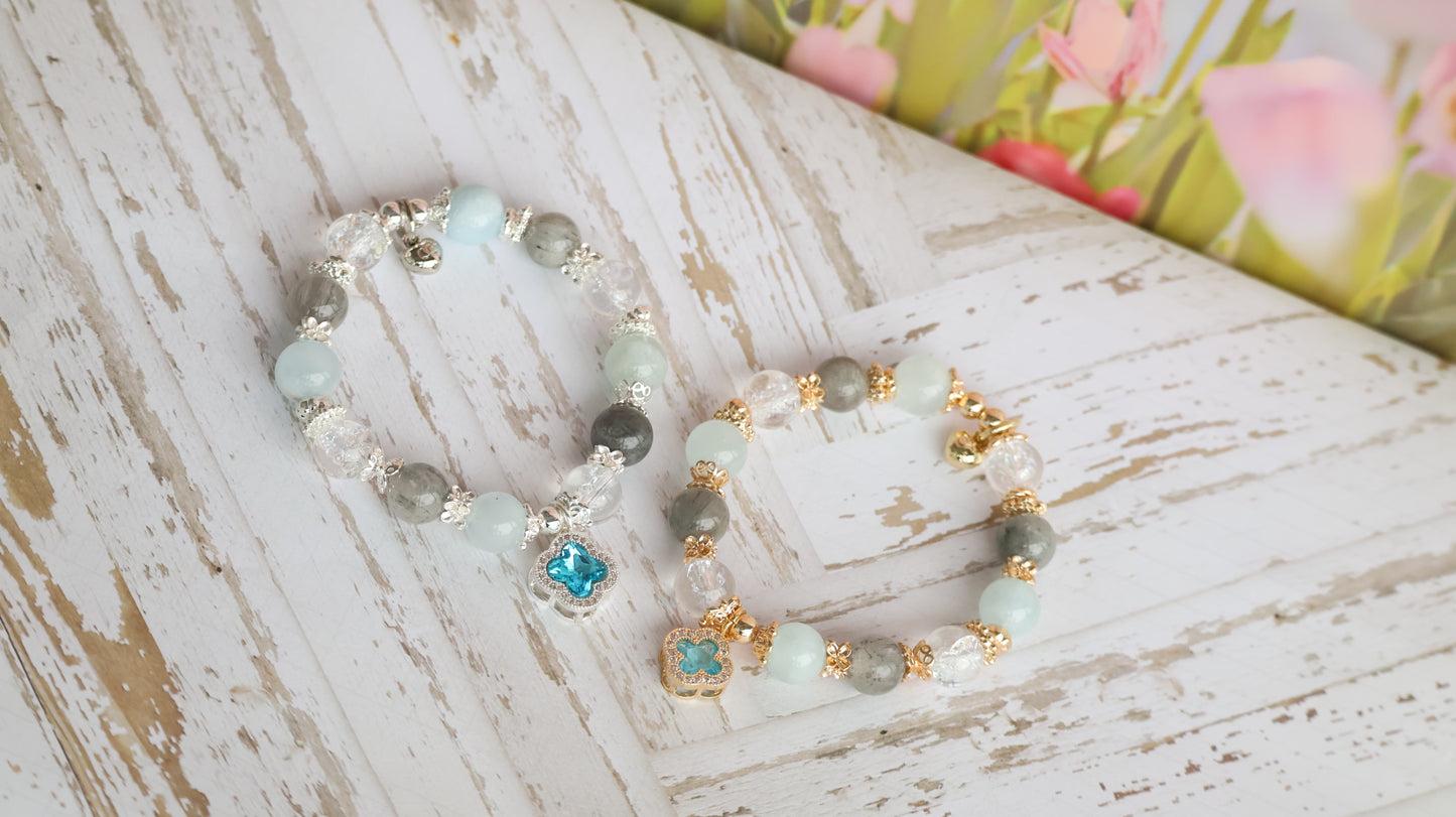*Instocks* Cordelia Twin - Milky Aquamarine, Grey Rabbit Hair & Crackled Clear Quartz with Sparkly Blue Clover Crystal Bracelet (Elastic)