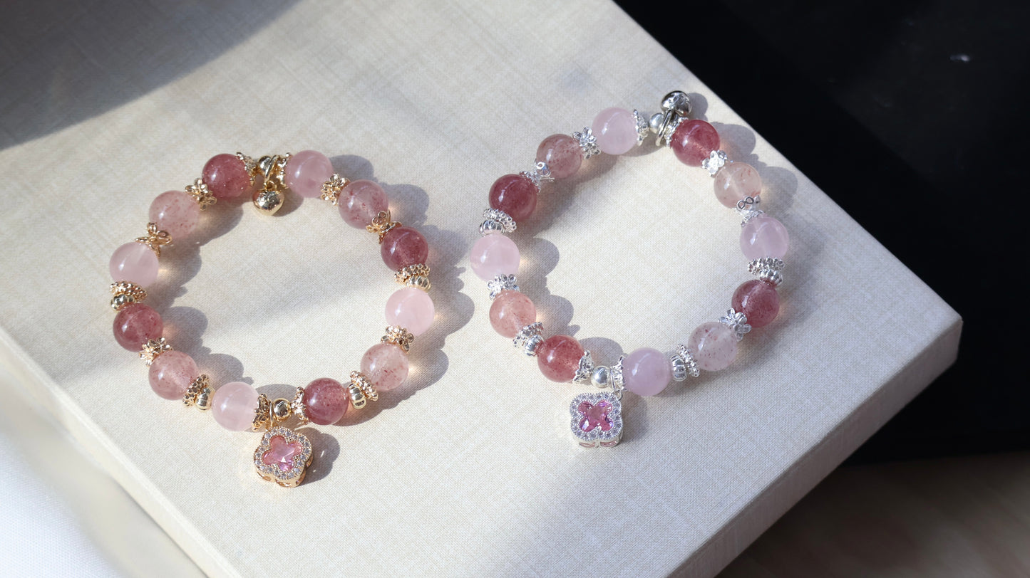 *Backorder* Cordelia Twin - Strawberry Quartz & Rose Quartz with Sparkly Pink Clover Crystal Bracelet (Elastic)
