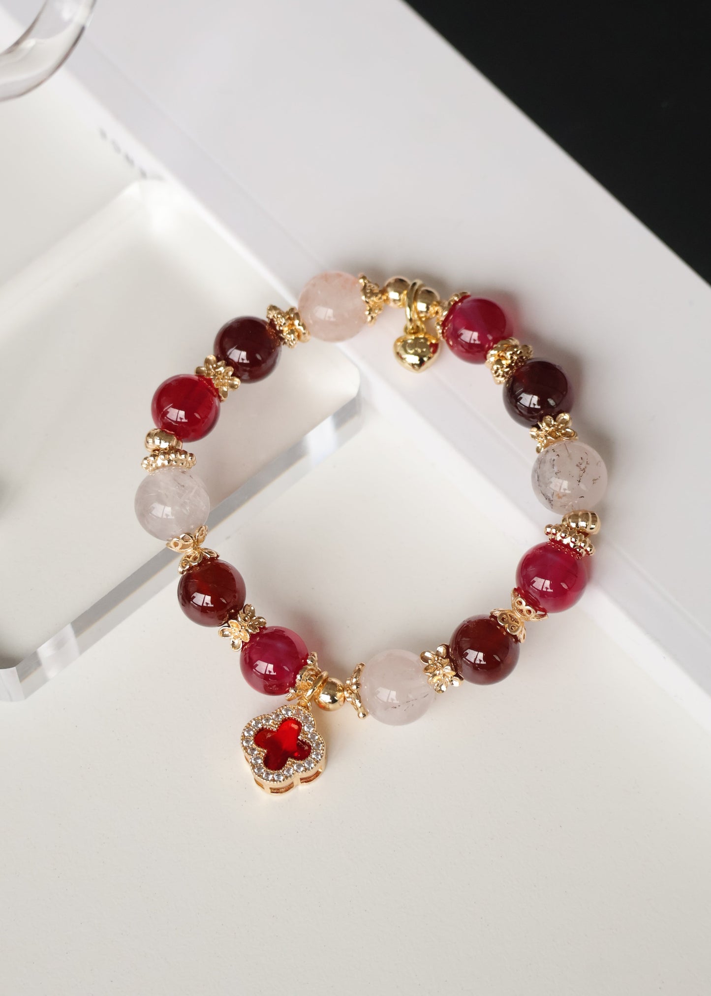 *Instocks* Cordelia Twin - Ruby, Garnet & Dendritic Rose Quartz with Sparkly Red Clover Crystal Bracelet (Elastic)