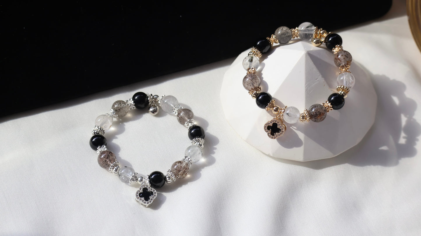 *Backorder* Cordelia Twin - Black Strawberry Quartz, Black Tourmaline & Herkimer Diamond with Sparkly Black Clover Crystal Bracelet (Elastic)