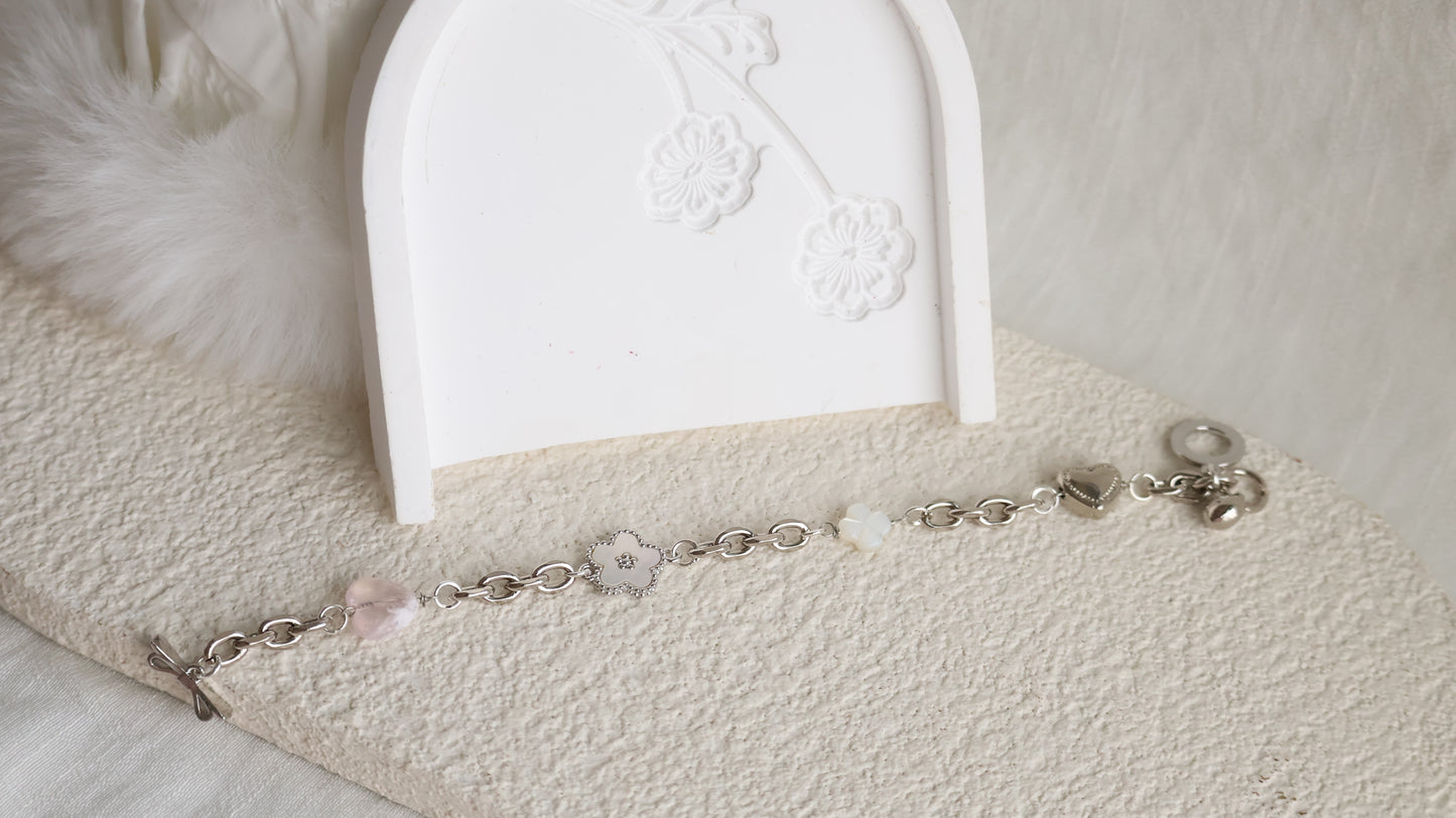 *Backorder* Celine - Chain with Snow Garden Rose Quartz Heart, MOP Clover & Flower Crystal Bracelet (OT Clasp) 2.0