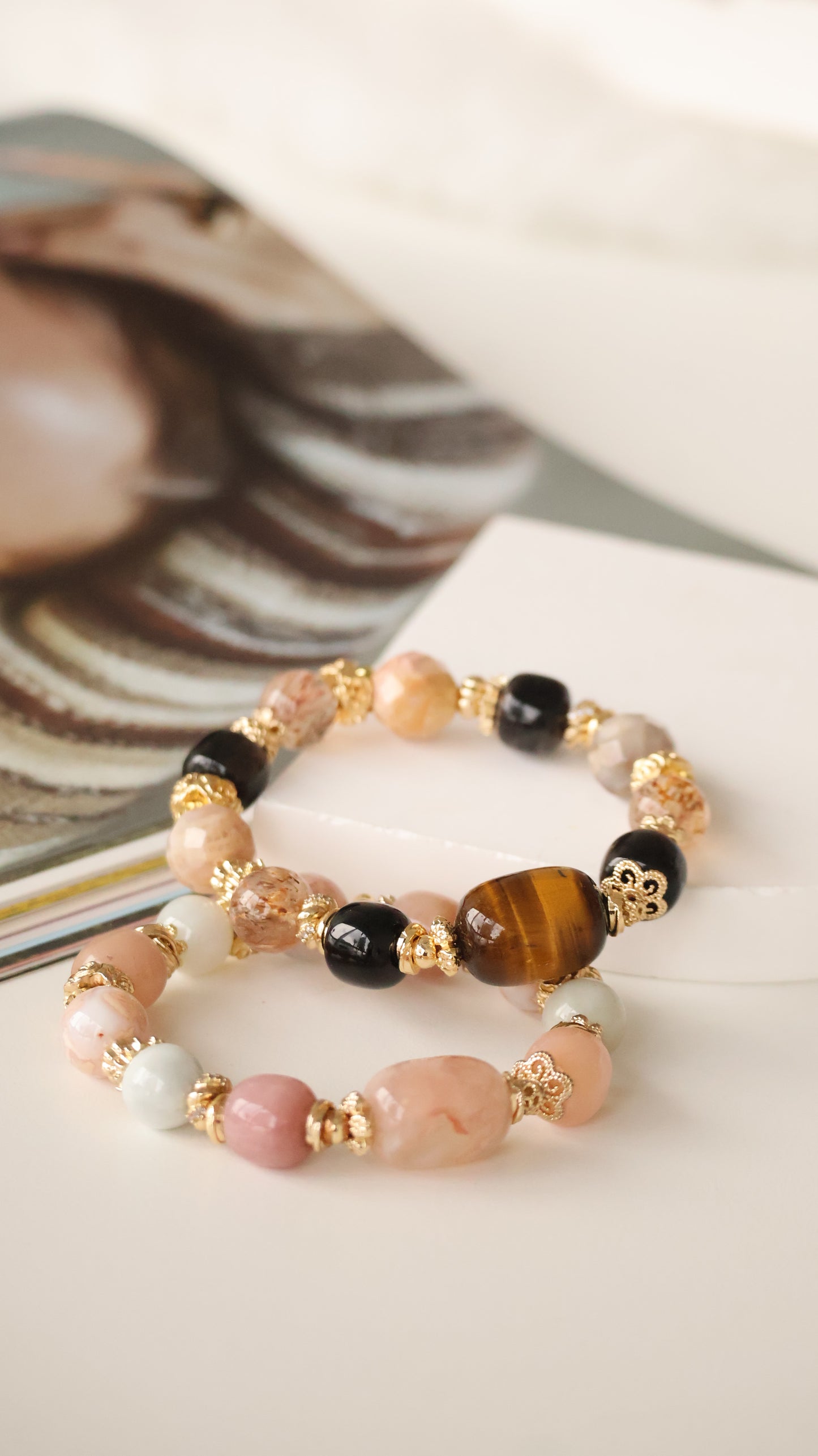 *Instocks* OG Slushie - Flower Agate Barrel Freeform, Light Green Jadeite, Flower Agate & Drum Pastel Yan Yuan Agate Crystal Bracelet (Elastic)