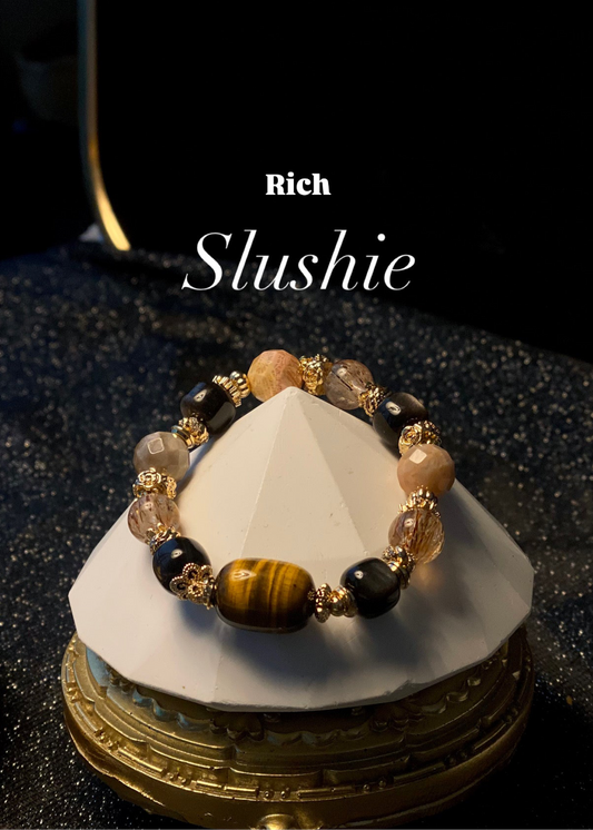 *Instocks* Rich Slushie - Tiger's Eye Barrel Freeform, Drum Silver Sheen Obsidian, Black Gold Super 7 & Faceted Fossilized Coral Jade Crystal Bracelet (Elastic)