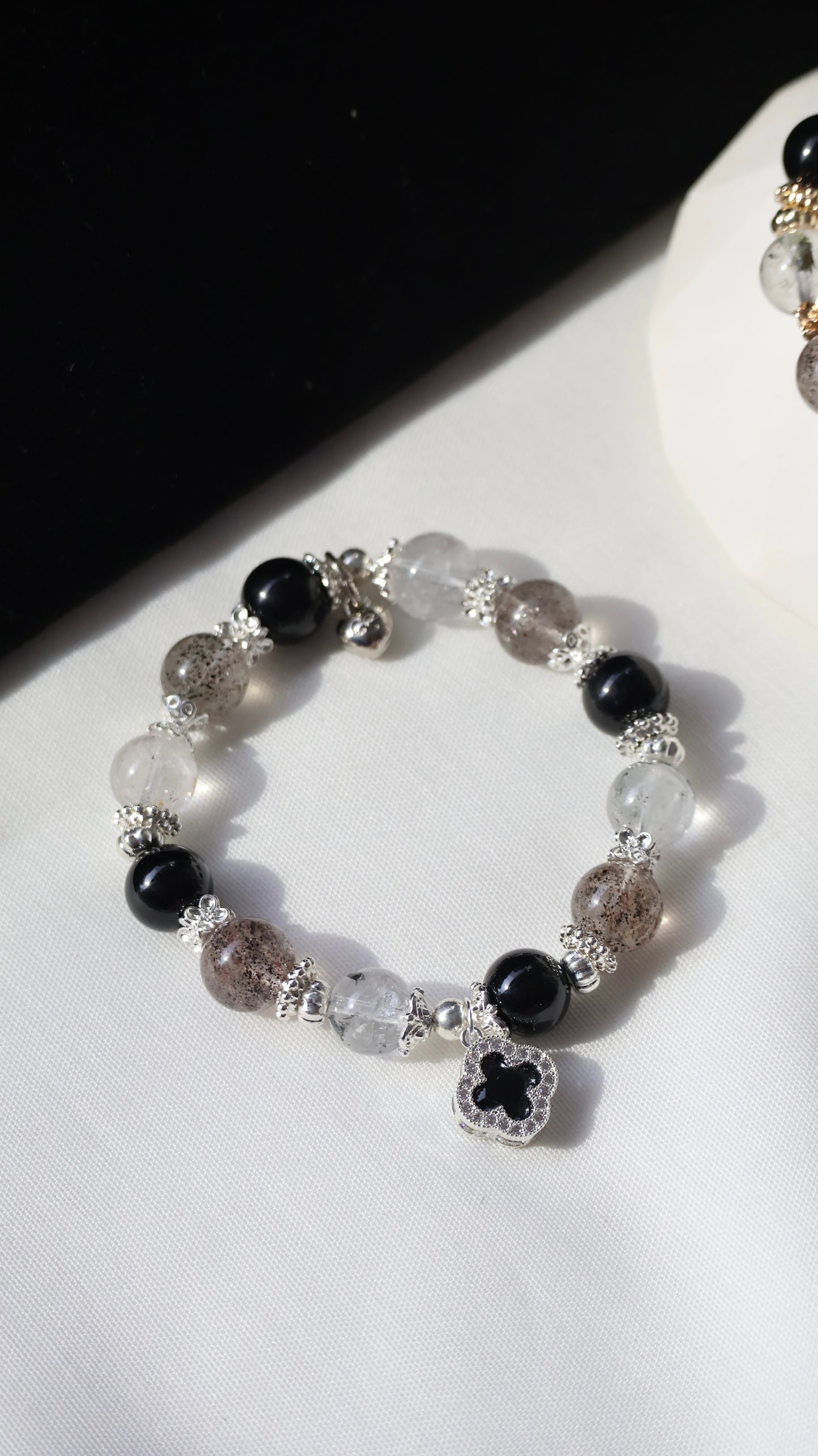 *Backorder* Cordelia Twin - Black Strawberry Quartz, Black Tourmaline & Herkimer Diamond with Sparkly Black Clover Crystal Bracelet (Elastic)