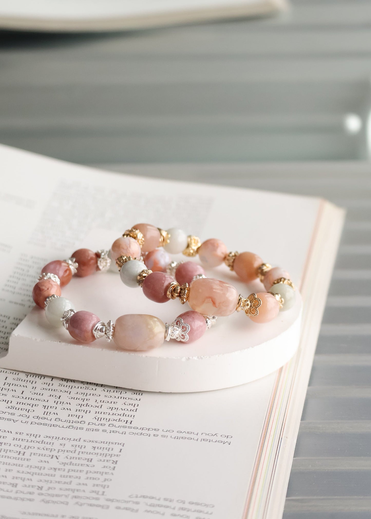 *Instocks* OG Slushie - Flower Agate Barrel Freeform, Light Green Jadeite, Flower Agate & Drum Pastel Yan Yuan Agate Crystal Bracelet (Elastic)
