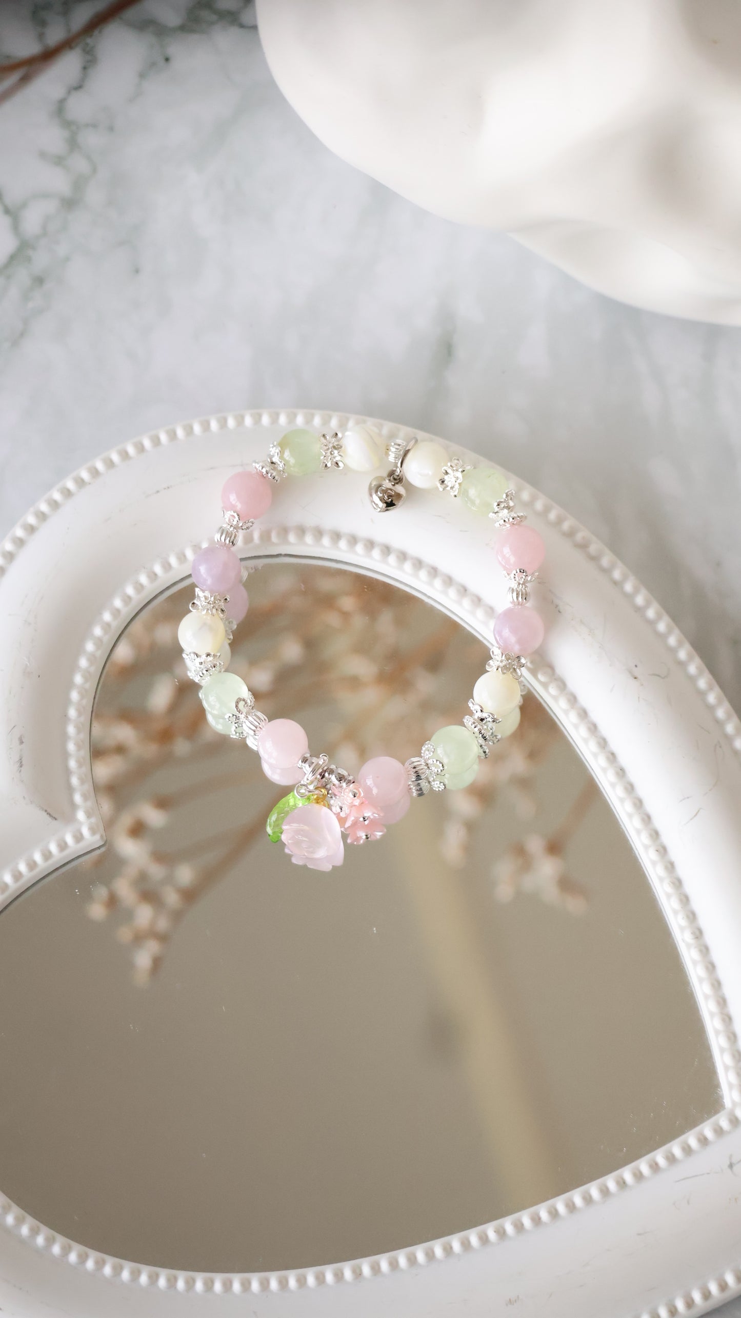 *Instocks* Prehnite, White Conch & Pink Purple Emerald Mica with Rose Quartz Dangly Rose & Bouquet Crystal Bracelet (Elastic)