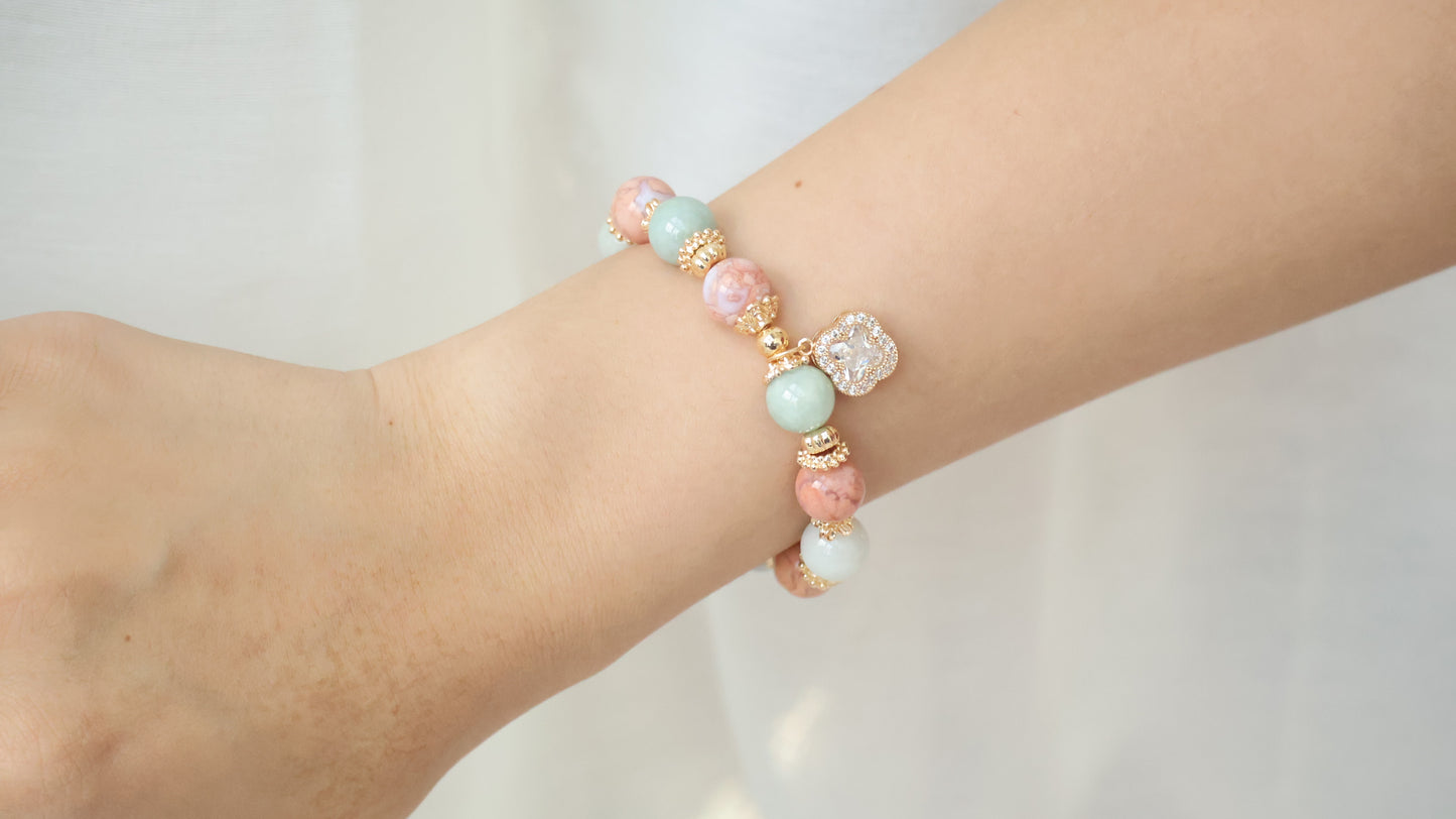 *Backorder* Cordelia Twin - Green Jadeite & Flower Agate with Sparkly Clover Crystal Bracelet (Elastic)