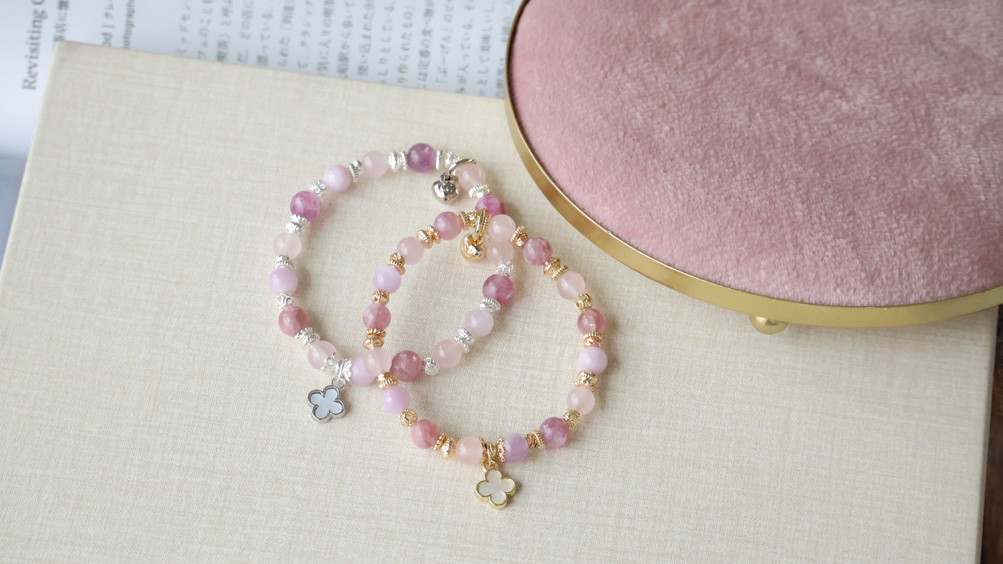 *Instocks* Mini Clover Stacker - Pink Purple Emerald Mica, Kunzite & Rose Quartz Crystal Bracelet (Elastic)