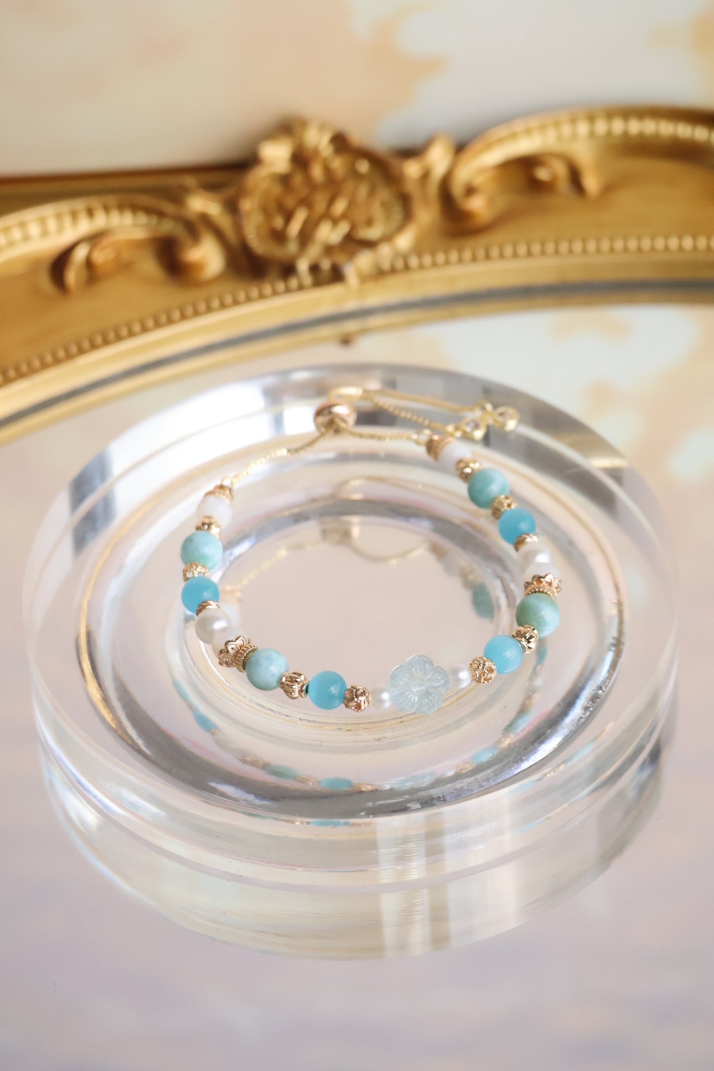 *Instocks* Larimar, Blue Cat Eye & White Conch Rondelles with Aquamarine Sakura Flower Crystal Bracelet (Push pull)