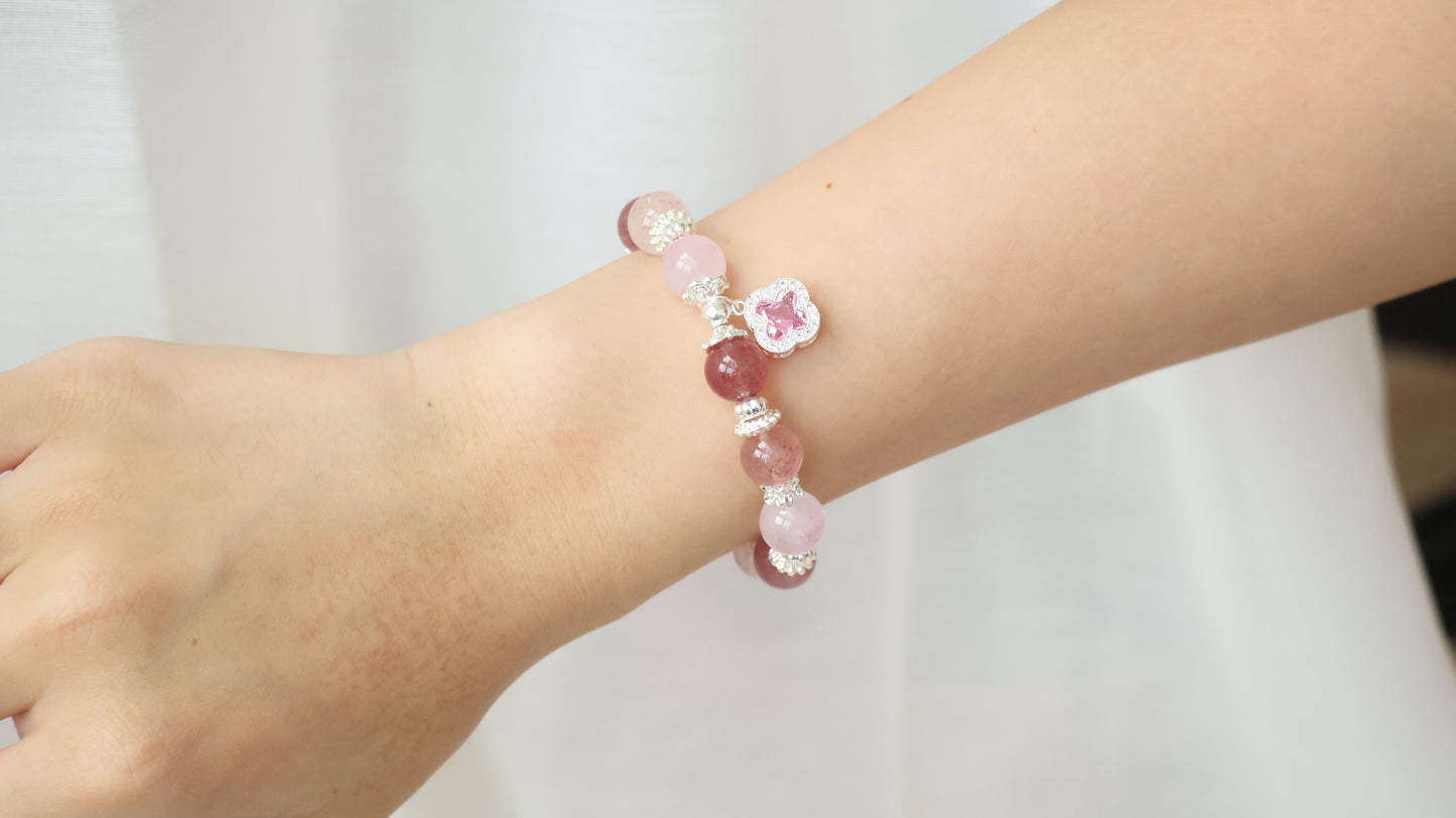 *Backorder* Cordelia Twin - Strawberry Quartz & Rose Quartz with Sparkly Pink Clover Crystal Bracelet (Elastic)