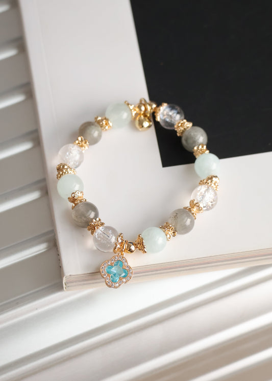 *Instocks* Cordelia Twin - Milky Aquamarine, Grey Rabbit Hair & Crackled Clear Quartz with Sparkly Blue Clover Crystal Bracelet (Elastic)