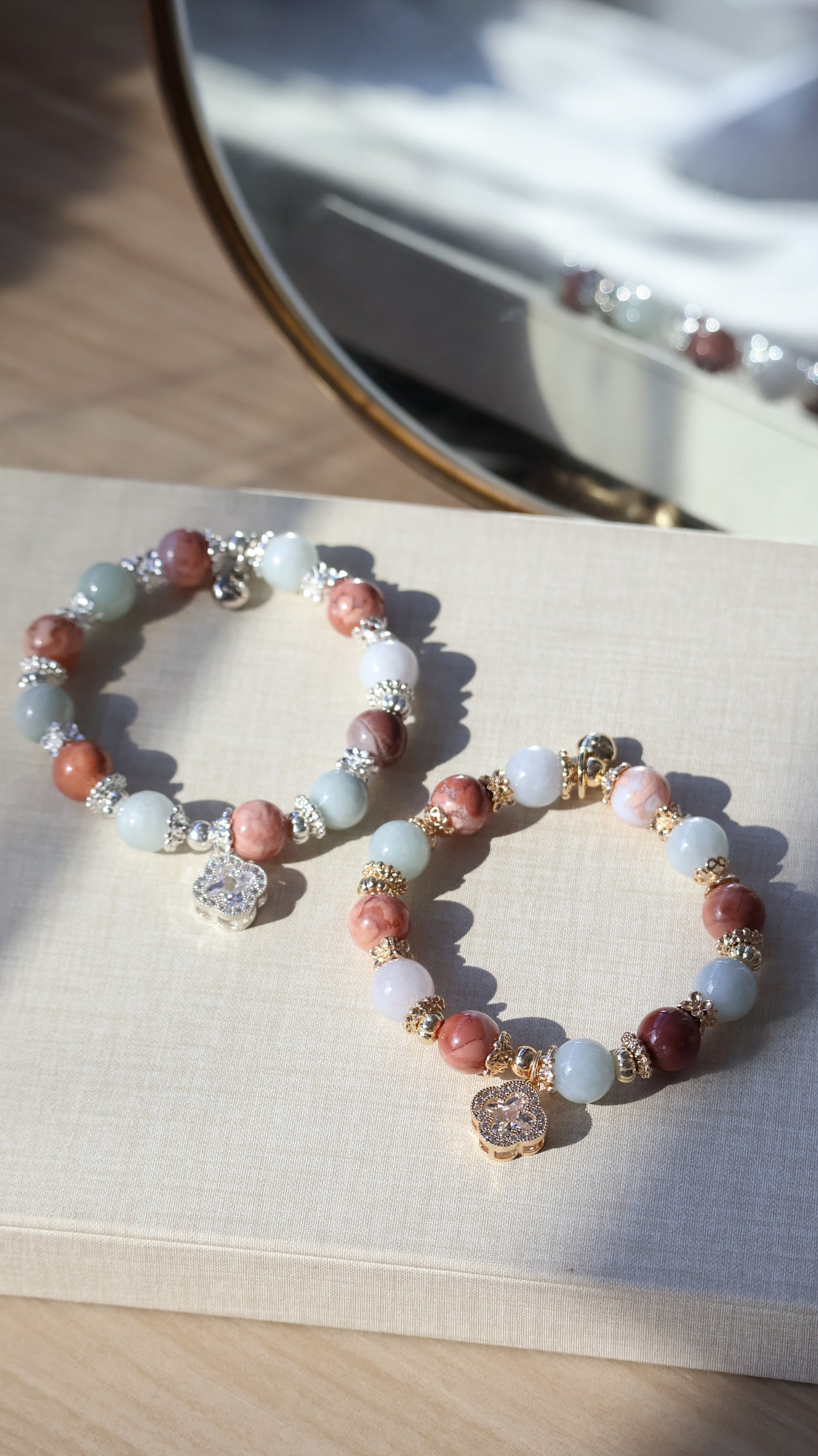 *Backorder* Cordelia Twin - Green Jadeite & Flower Agate with Sparkly Clover Crystal Bracelet (Elastic)