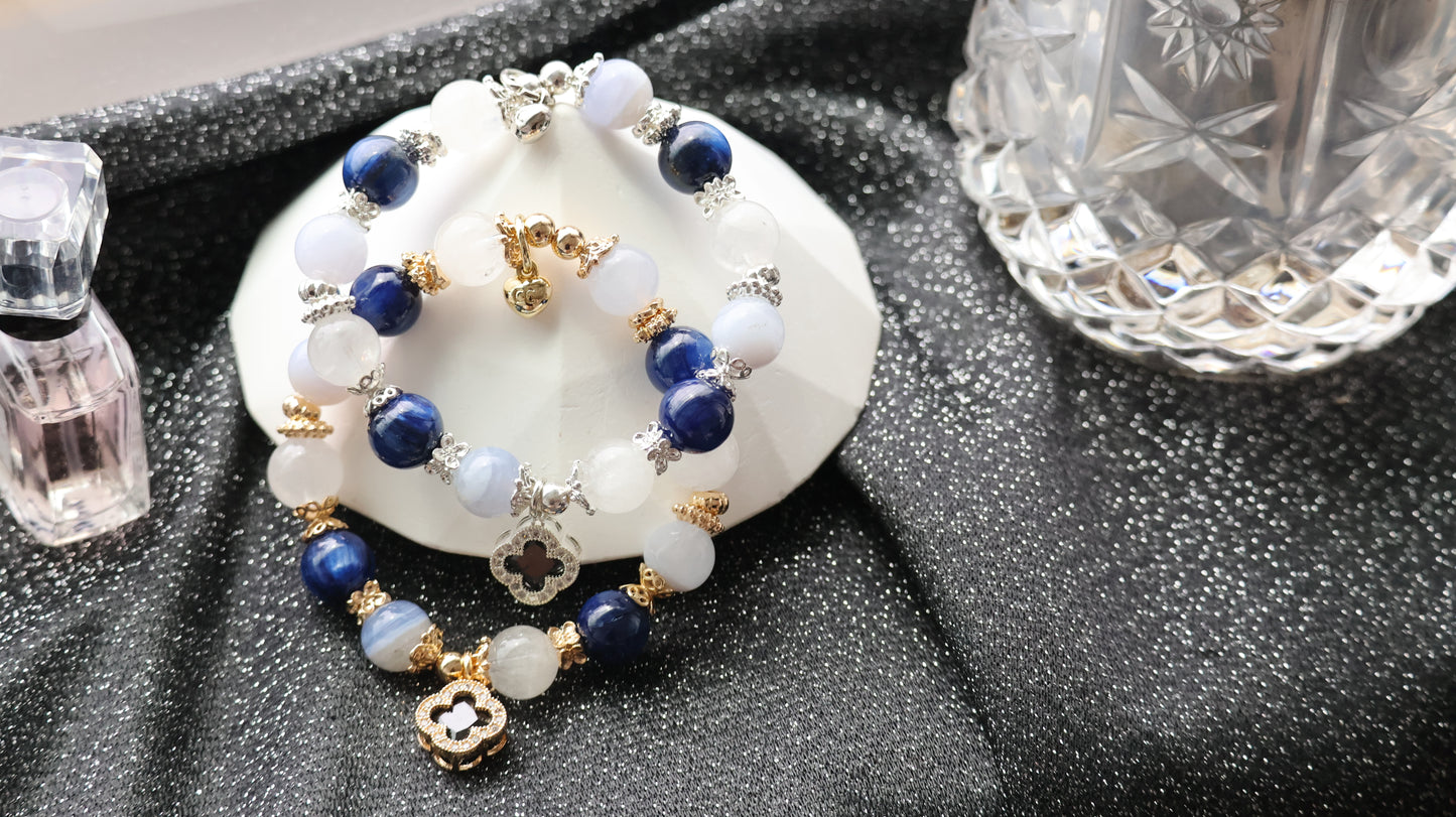 *Instocks* Cordelia Twin - Blue Kyanite, Blue Lace Agate & White Phantom Quartz with Sparkly Blue Clover Crystal Bracelet (Elastic)