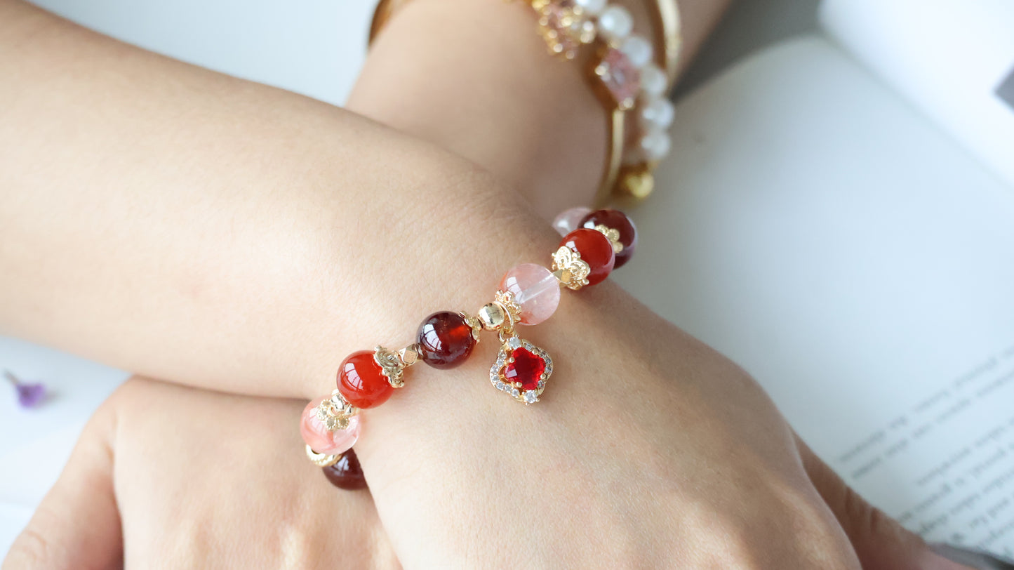 *Backorder* Blaze - Carnelian, Garnet & Fire Quartz with Red Clover Crystal Bracelet (Elastic)