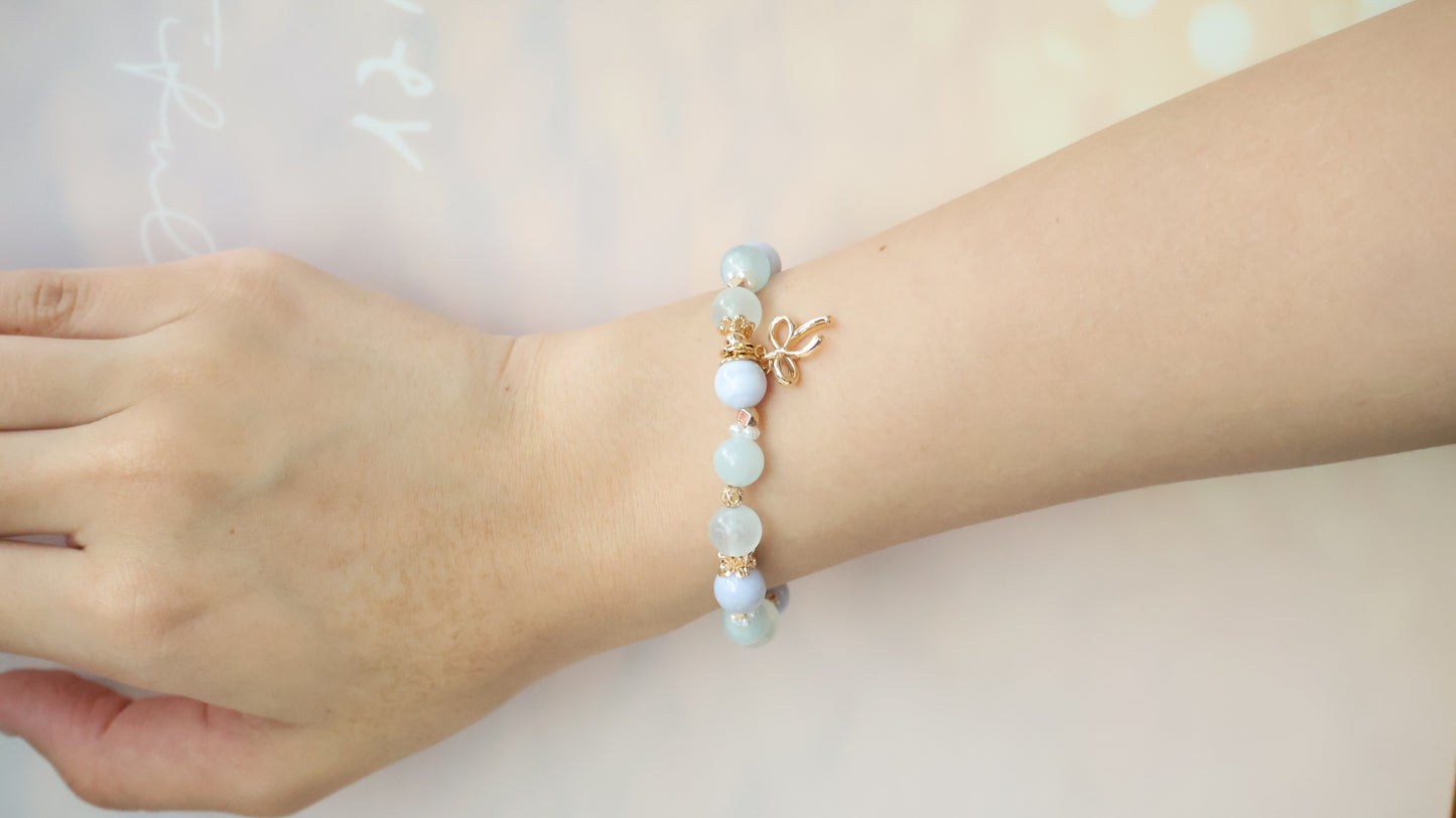 *Backorder* Musa - Blue Lace Agate, Aquamarine & Milky Aquamarine with Bow Crystal Bracelet (Elastic)