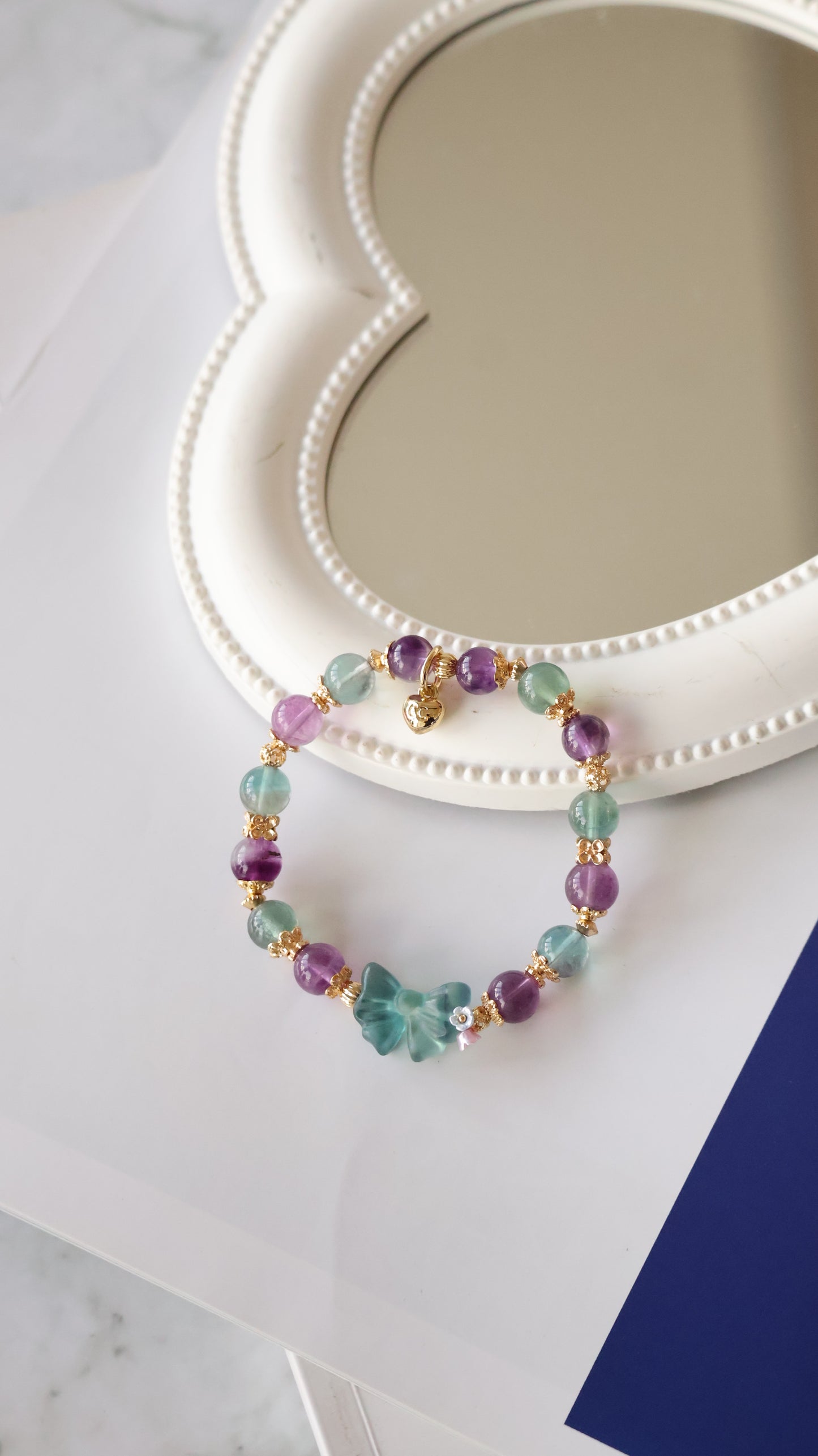 *Instocks* Blue Fluorite & Purple Fluorite with Blue Fluorite Bow Crystal Bracelet (Elastic)