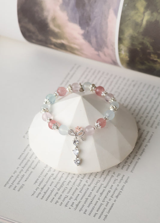 *Instocks* Rose Quartz, Strawberry Quartz, Cat Eye & Aquamarine with Ribbon & Triple Heart Dangly Crystal Bracelet (Elastic)