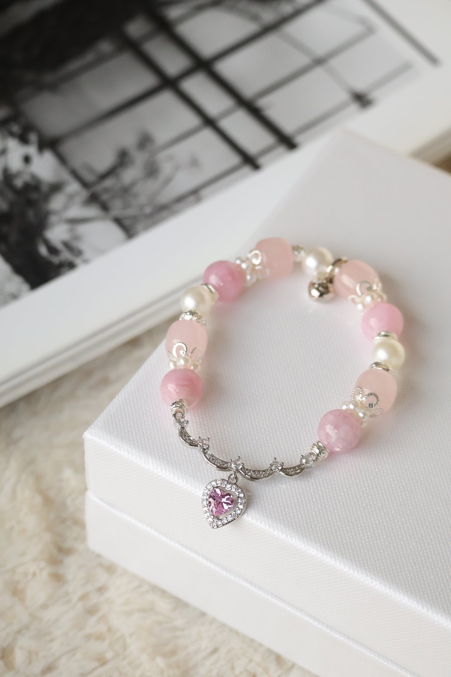 *Instocks* Pink Purple Emerald Mica & Rose Quartz Drum Beads with Princessy Pink Heart Bangle Crystal Bracelet (Elastic)