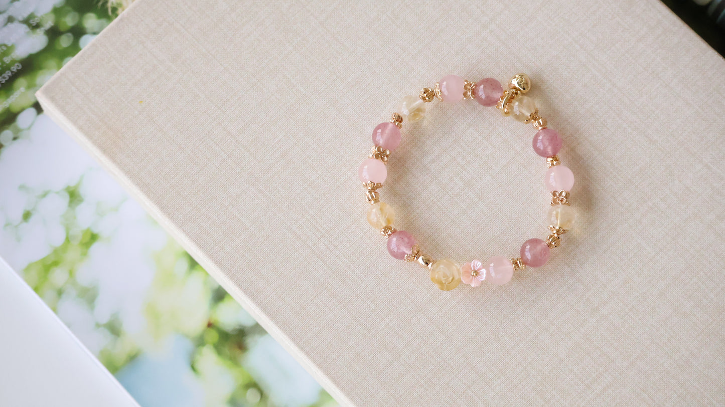 *Backorder* Rosie - Strawberry Quartz, Rose Quartz & Citrine with Citrine Rose Crystal Bracelet (Elastic)