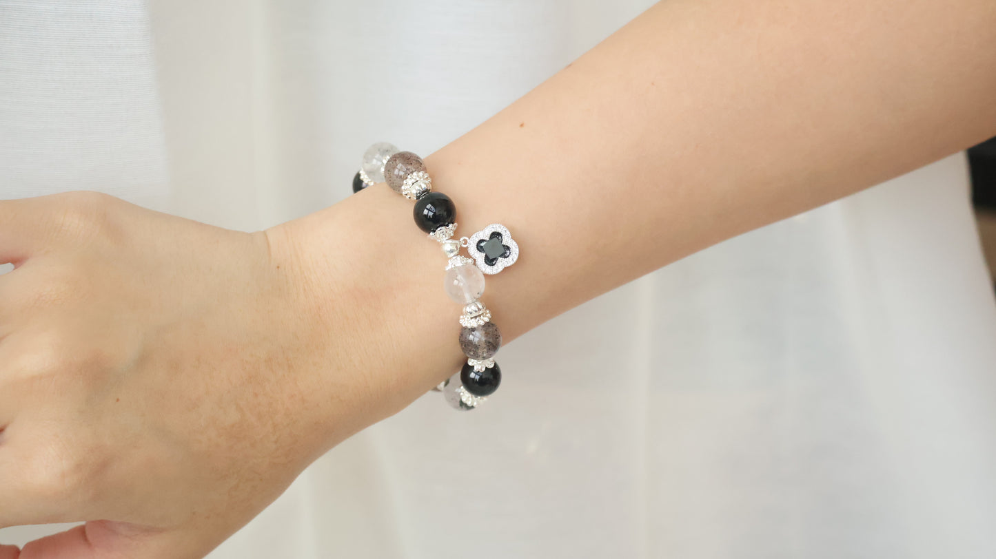 *Backorder* Cordelia Twin - Black Strawberry Quartz, Black Tourmaline & Herkimer Diamond with Sparkly Black Clover Crystal Bracelet (Elastic)