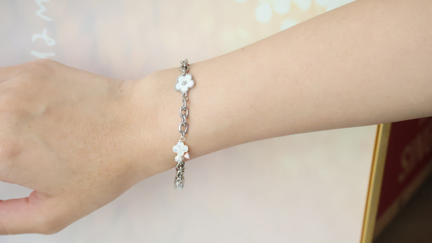 *Backorder* Celine - Chain with Snow Garden Rose Quartz Heart, MOP Clover & Flower Crystal Bracelet (OT Clasp) 2.0