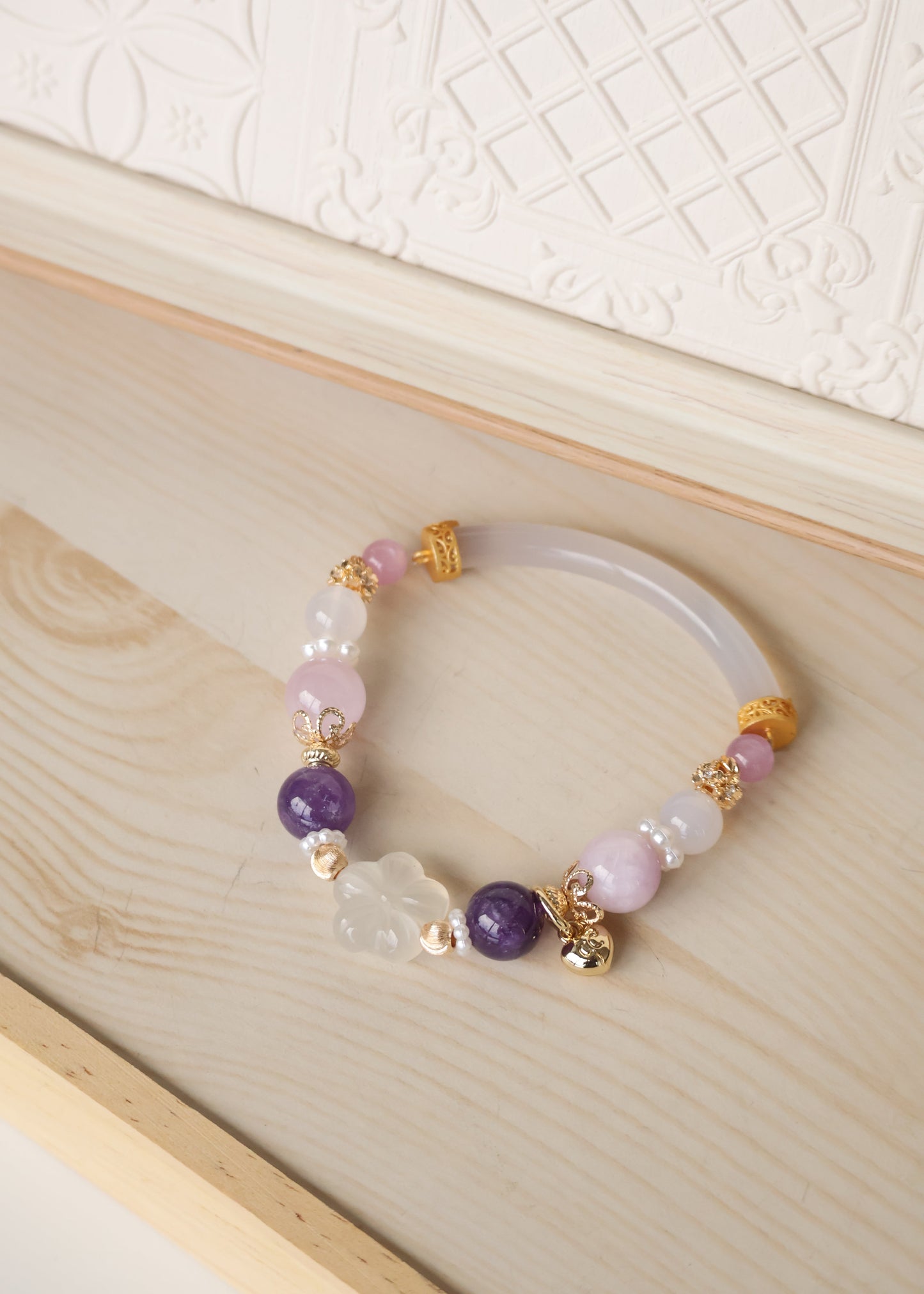 *Instocks* Amethyst, Kunzite & White Agate with Sakura Flower & White Agate Bangle Crystal Bracelet (Elastic)
