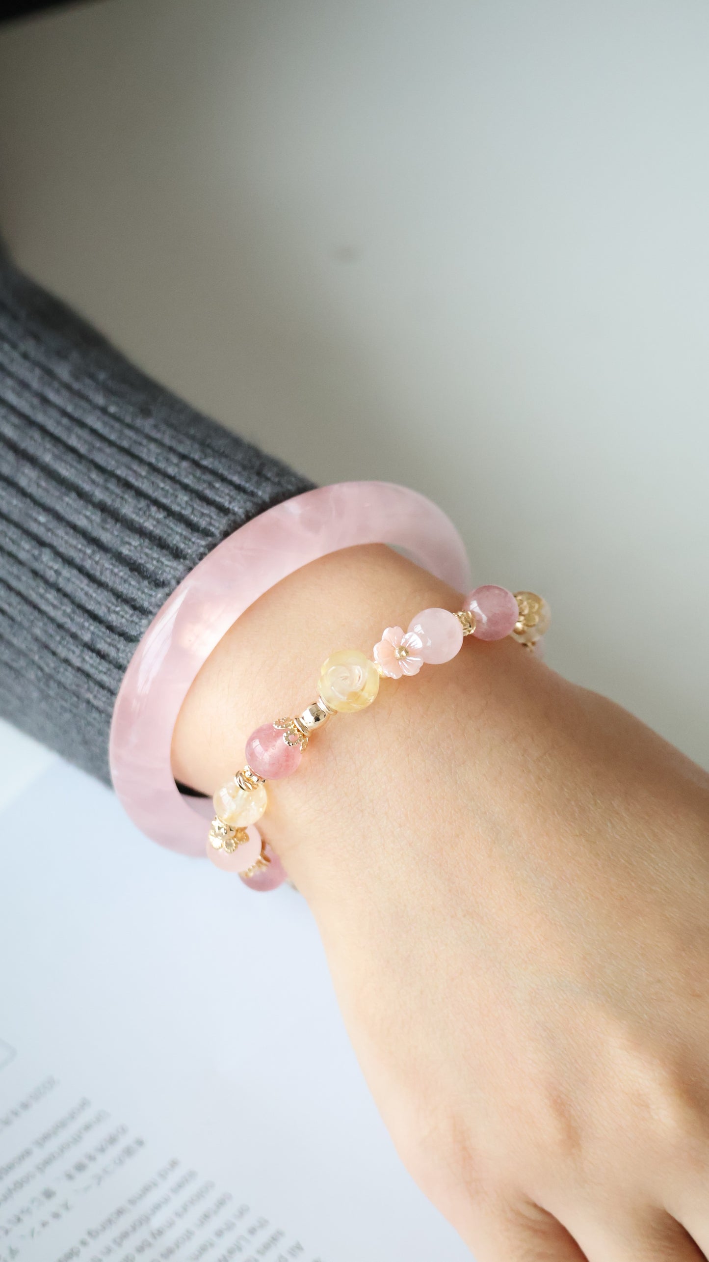*Backorder* Rosie - Strawberry Quartz, Rose Quartz & Citrine with Citrine Rose Crystal Bracelet (Elastic)