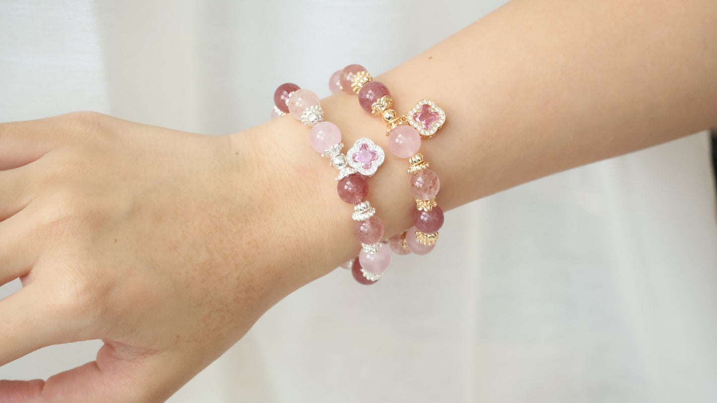 *Backorder* Cordelia Twin - Strawberry Quartz & Rose Quartz with Sparkly Pink Clover Crystal Bracelet (Elastic)