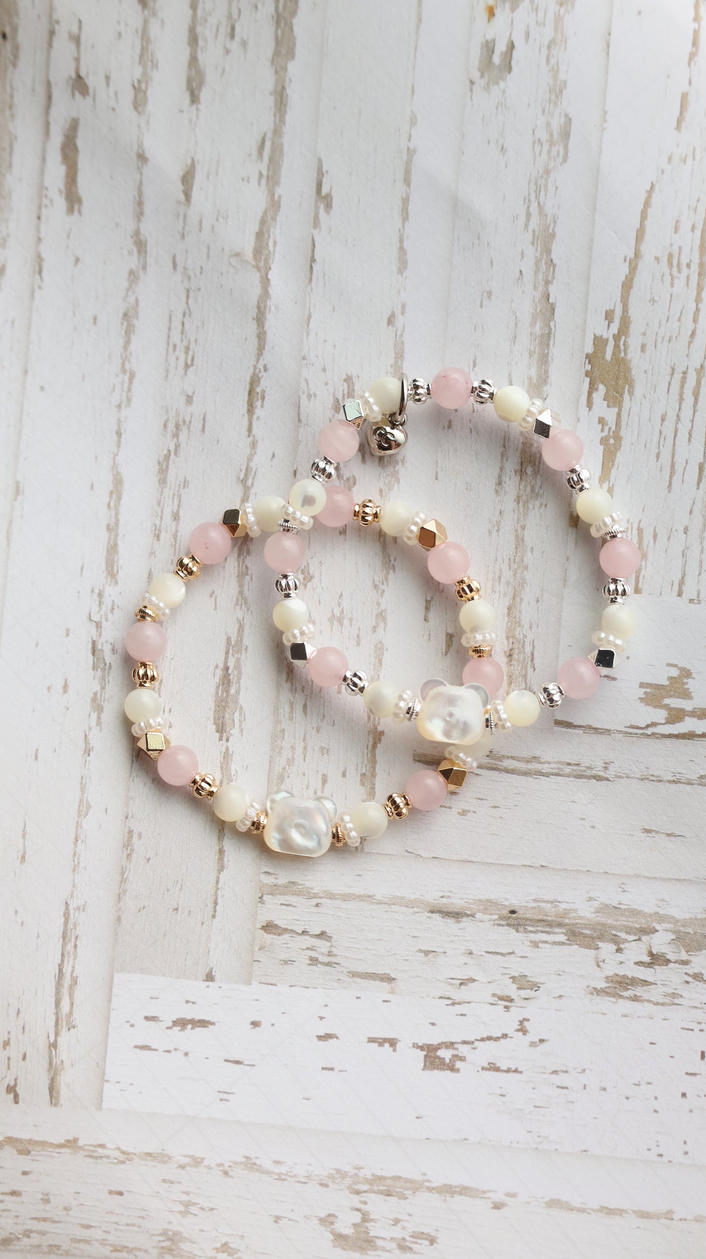 *Instocks* Rose Quartz & White Conch with White Conch Bear Crystal Bracelet (Elastic)