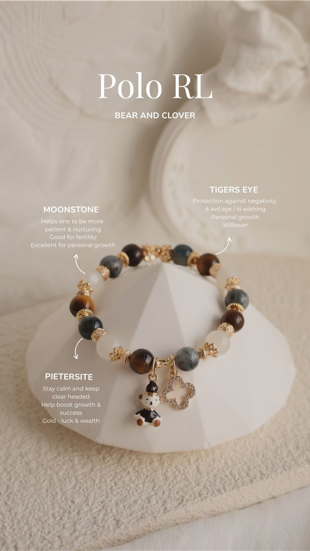 *Instocks* 6mm/8mm/10mm Polo RL - Pietersite, Tiger's Eye & Moonstone with Bear & Clover Crystal Bracelet (Elastic)
