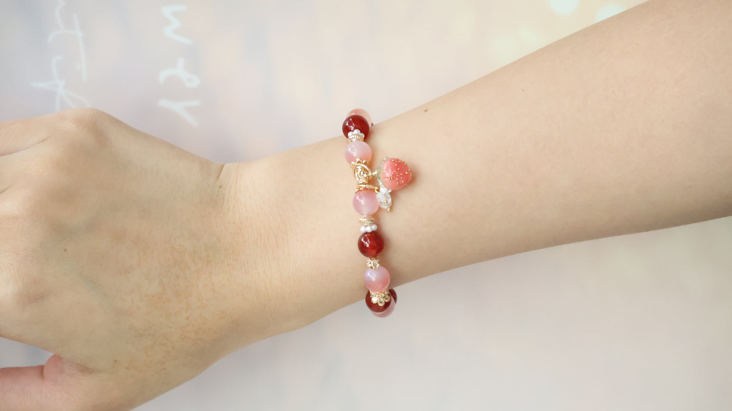 *Backorder* Bloom - Carnelian & Yan Yuan Agate with Bejeweled Strawberry Crystal Bracelet (Elastic)