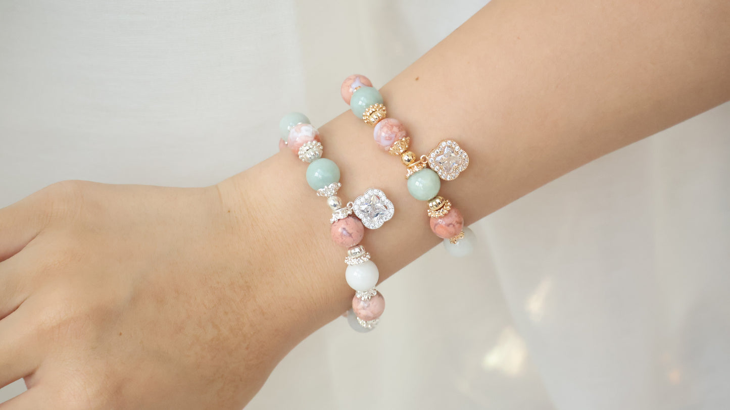 *Backorder* Cordelia Twin - Green Jadeite & Flower Agate with Sparkly Clover Crystal Bracelet (Elastic)