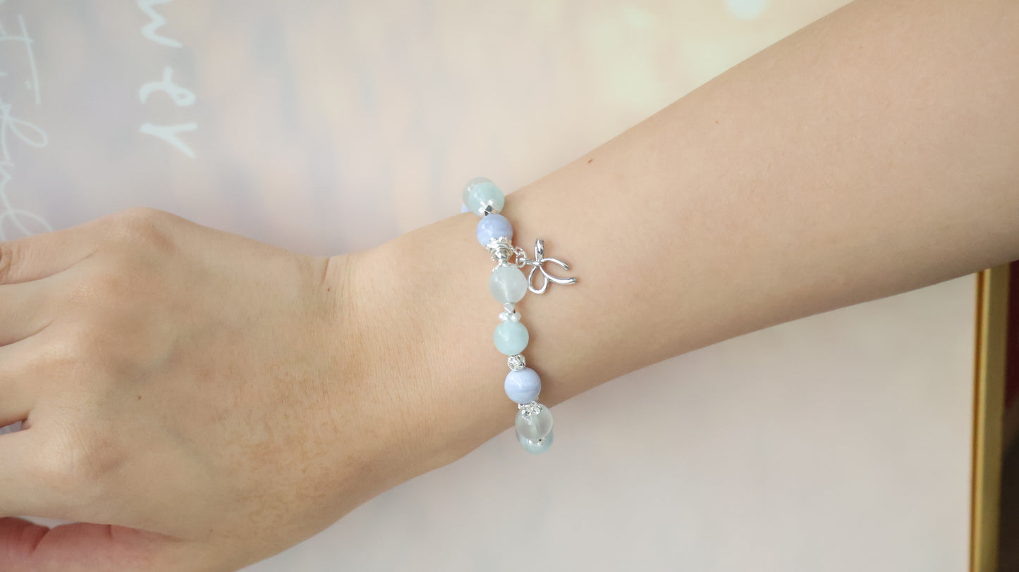 *Backorder* Musa - Blue Lace Agate, Aquamarine & Milky Aquamarine with Bow Crystal Bracelet (Elastic)