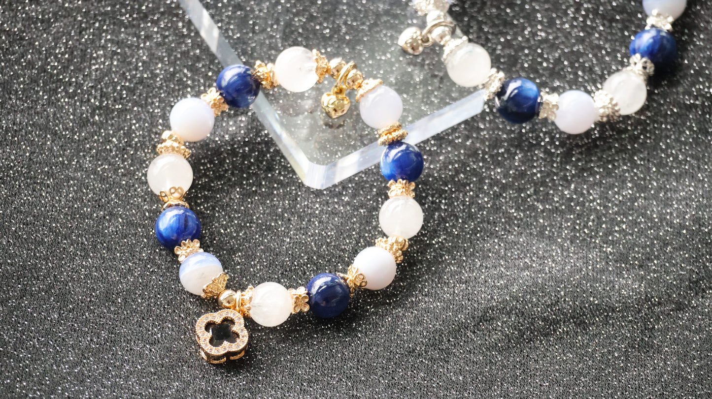 *Instocks* Cordelia Twin - Blue Kyanite, Blue Lace Agate & White Phantom Quartz with Sparkly Blue Clover Crystal Bracelet (Elastic)