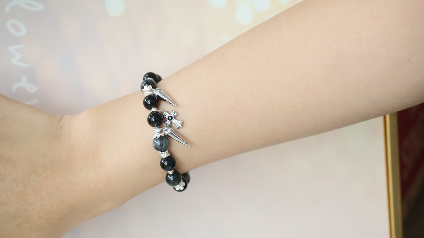 *Backorder* Grunge - Grey Tiger's Eye & Black Tourmaline with Spikes & Cross Crystal Bracelet (Elastic)