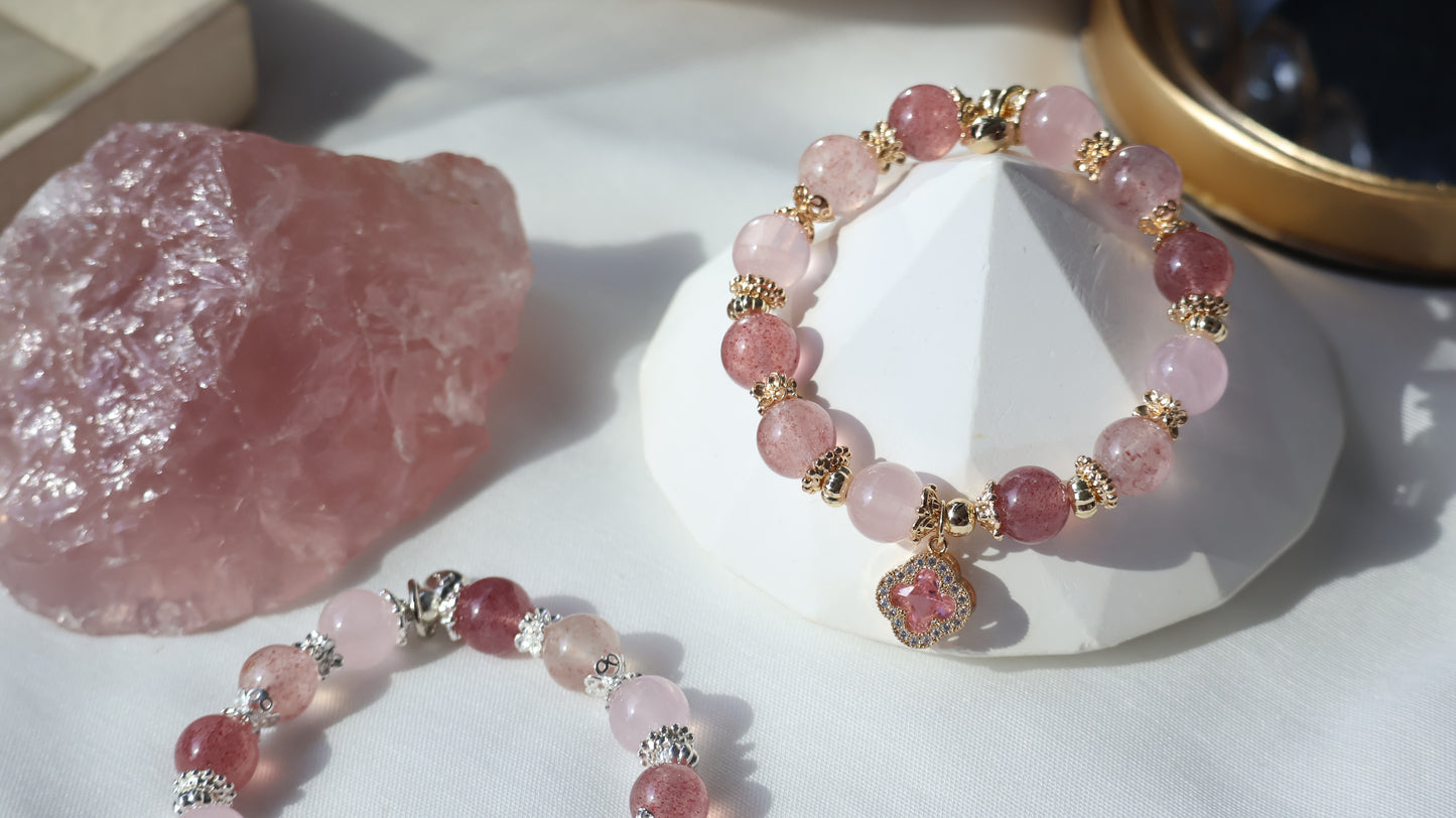 *Backorder* Cordelia Twin - Strawberry Quartz & Rose Quartz with Sparkly Pink Clover Crystal Bracelet (Elastic)