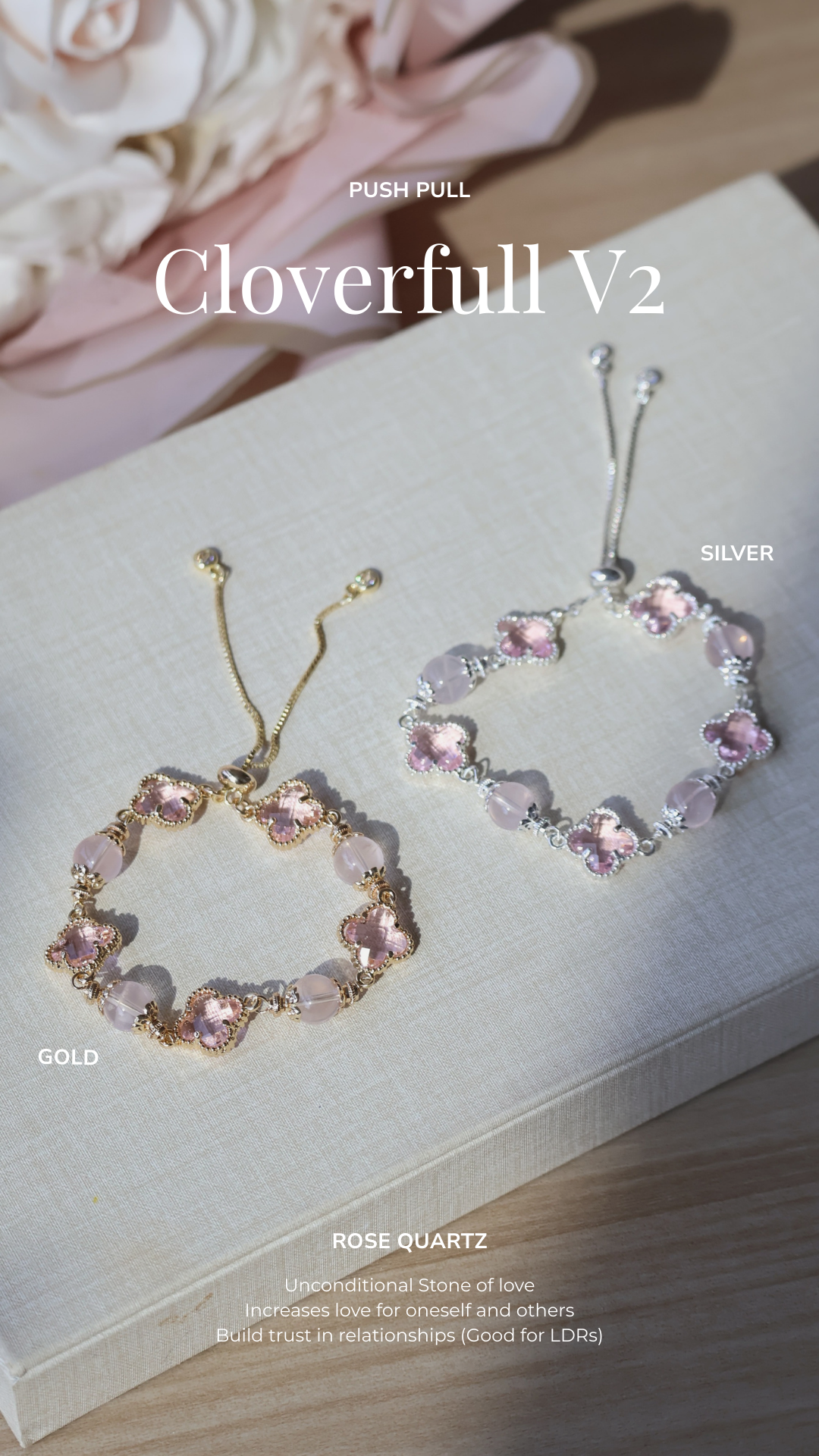*Backorder* Cloverfull V2 - Rose Quartz/Amethyst/Honey Citrine Crystal Bracelet (Push pull)