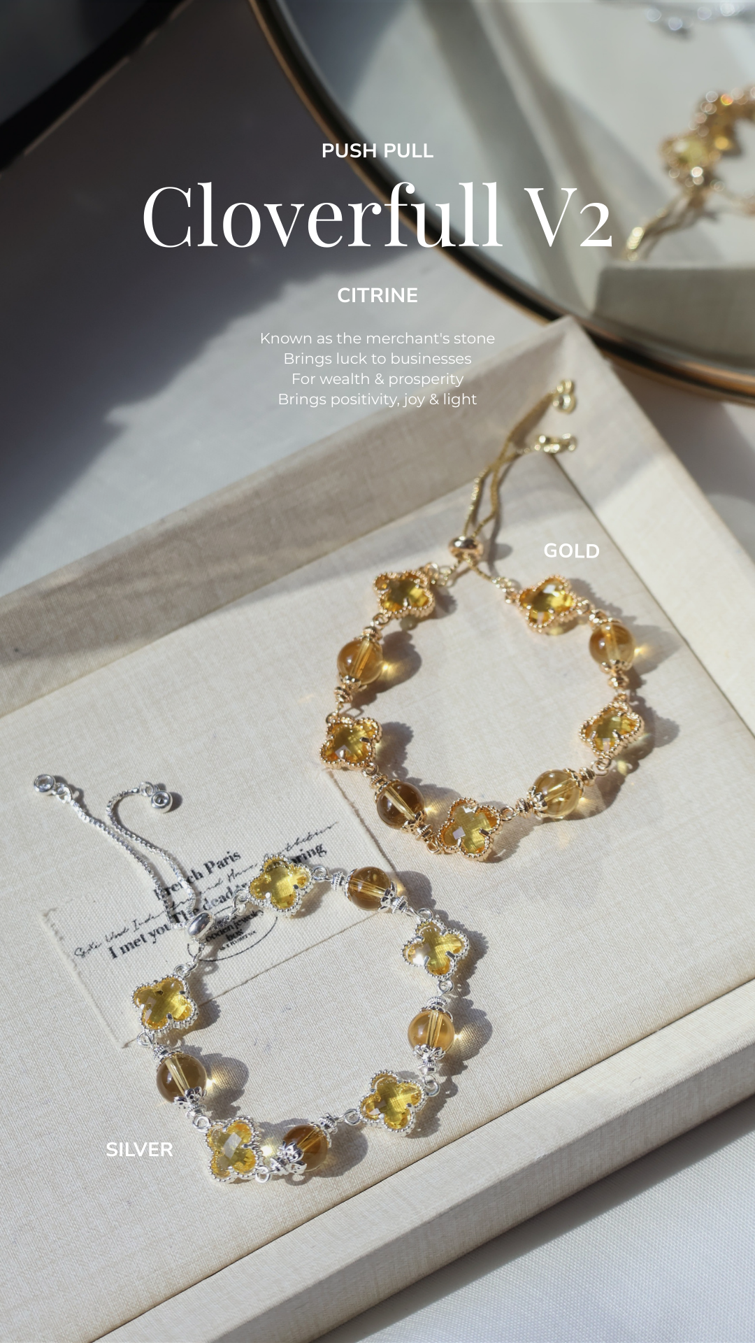 *Backorder* Cloverfull V2 - Rose Quartz/Amethyst/Honey Citrine Crystal Bracelet (Push pull)